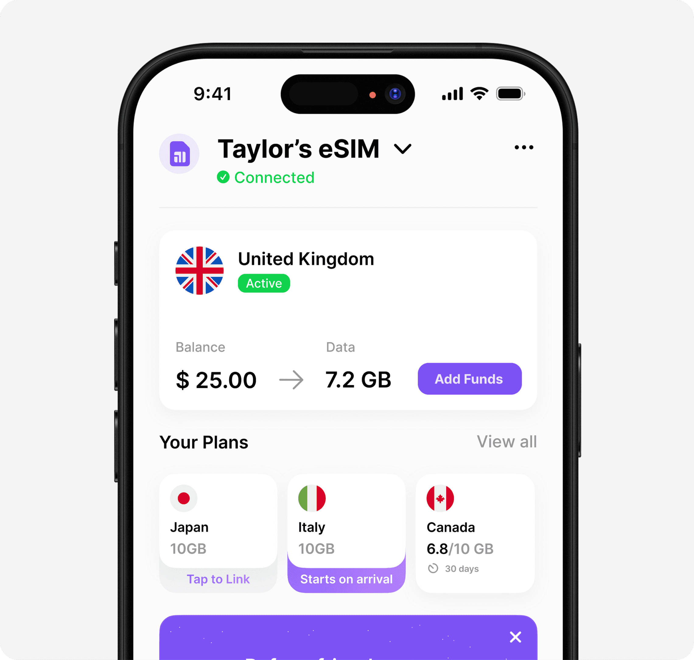 Activate and connect your eSIM instantly through the Umi app interface