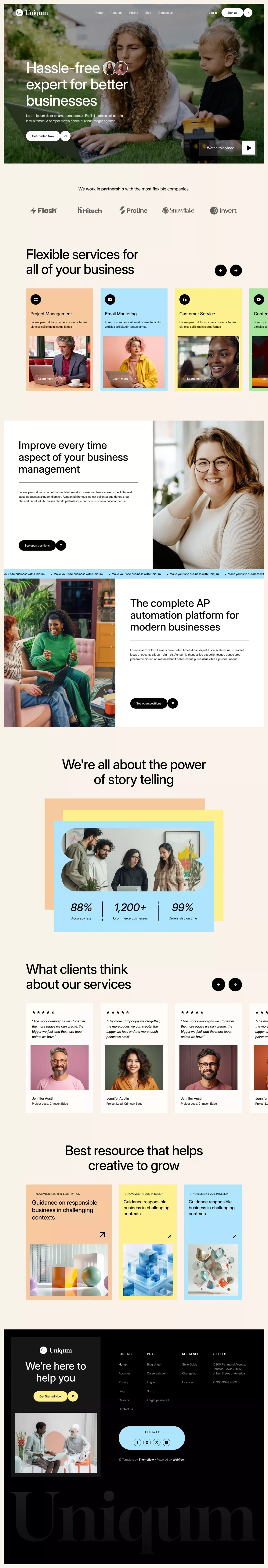Uniqurm Website Page Template for Webflo landing page screenshot showcasing Finance and Marketing design