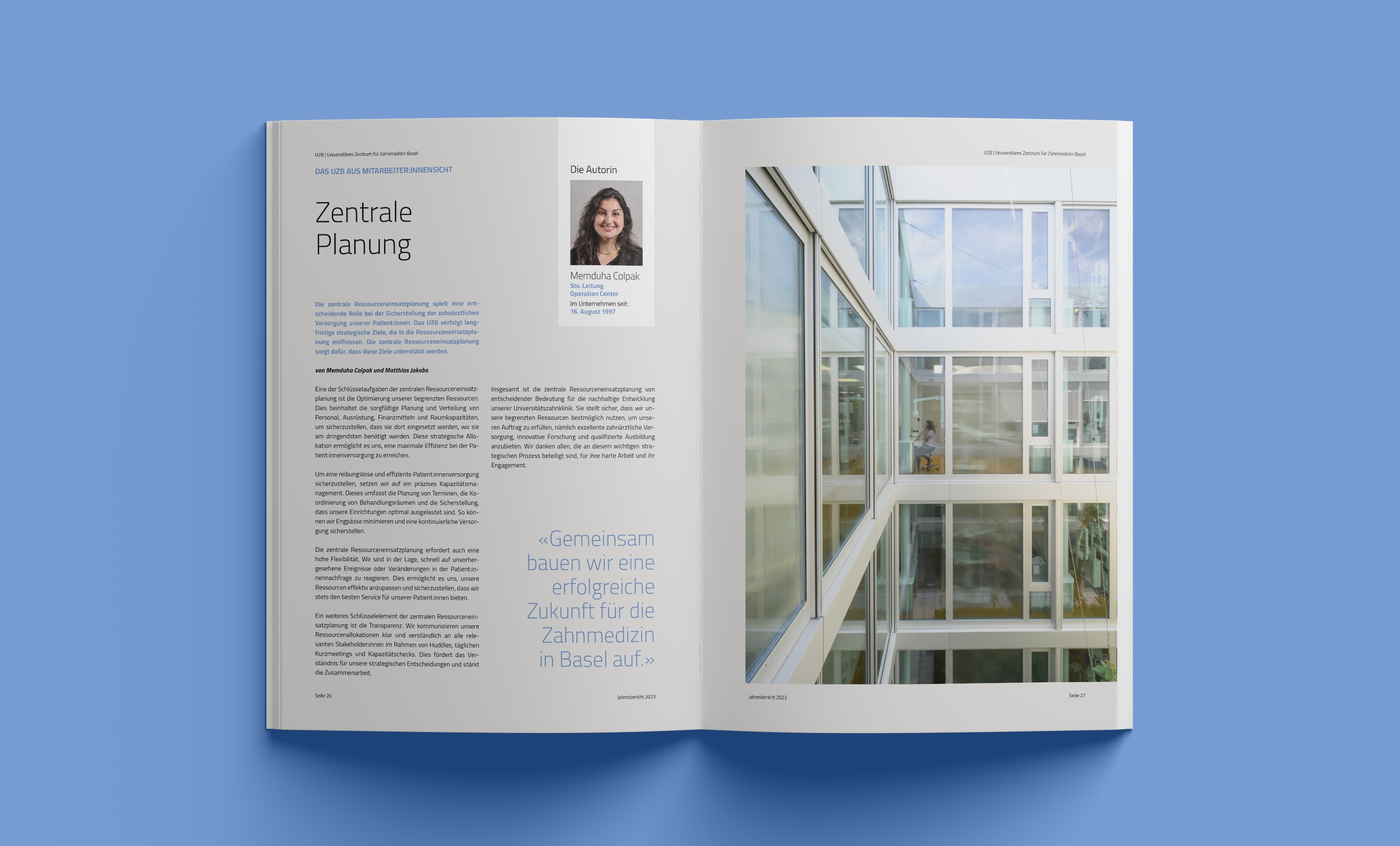 Layoutgestaltung des UZB Jahresberichts 2023 – präzise Rasterstruktur und klare Hierarchie im Editorial Design