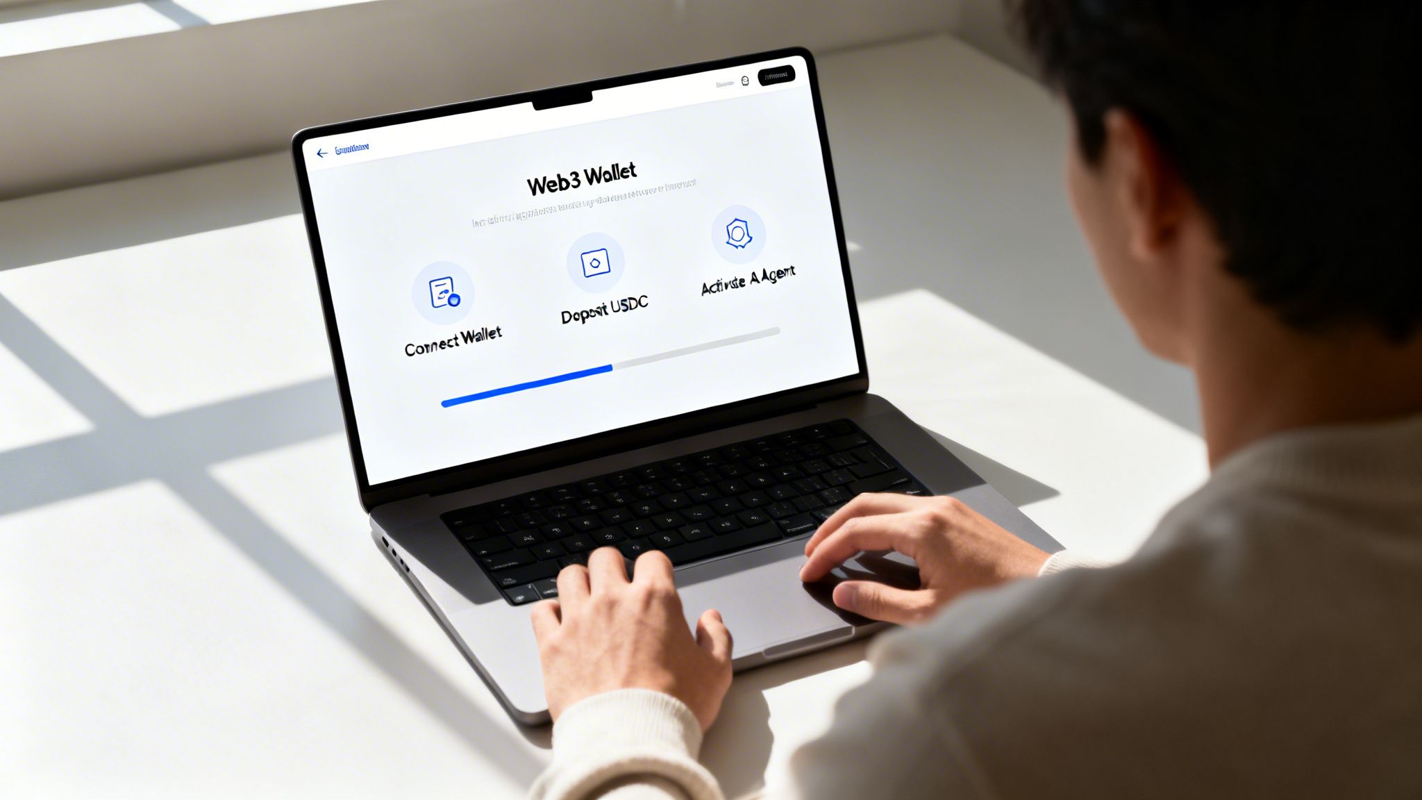 A person uses a laptop displaying a 'Web3 Wallet' interface with 'Connect Wallet' highlighted.