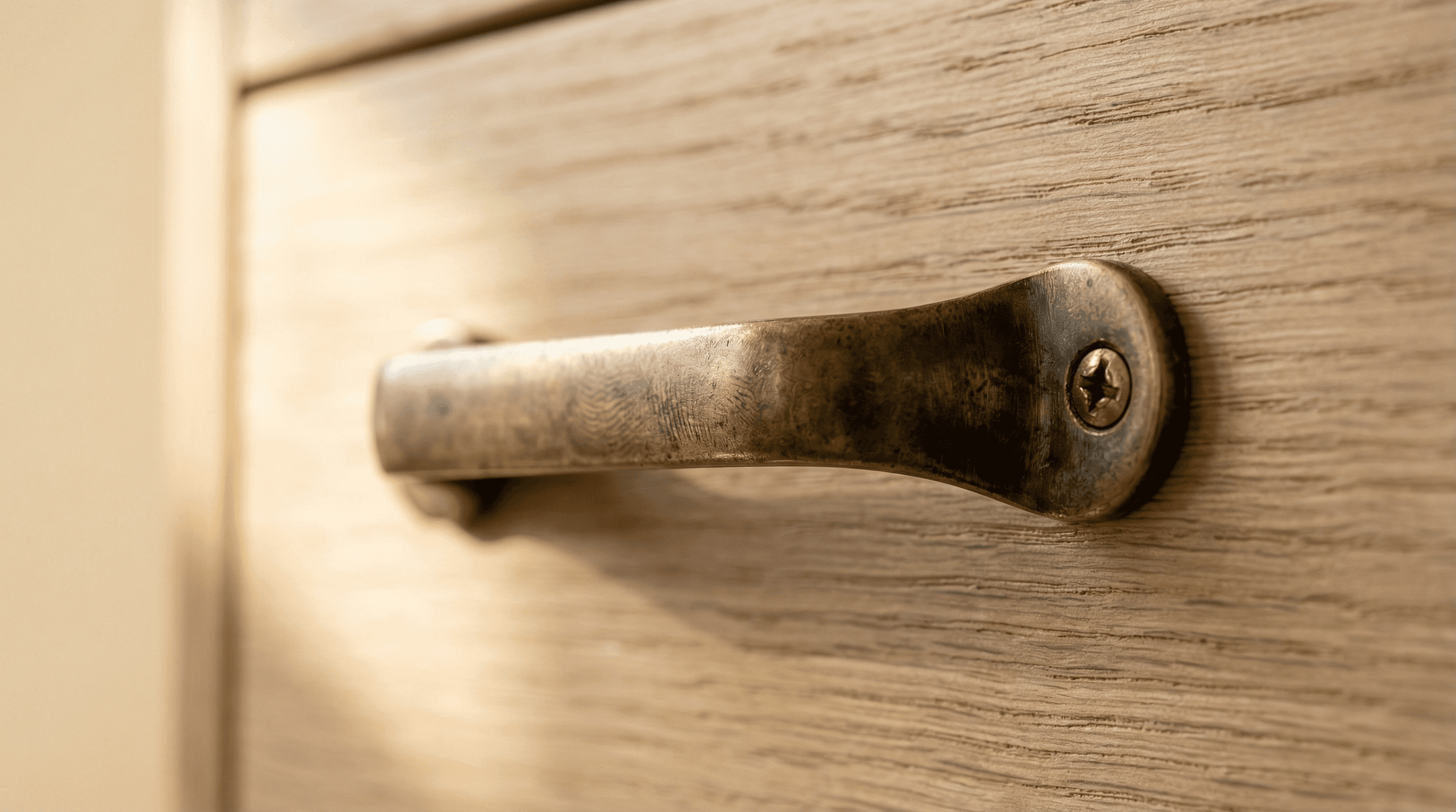 Close-up of a high-quality unlacquered brass cabinet pull on warm white oak — the hallmark of uncompromising craftsmanship.