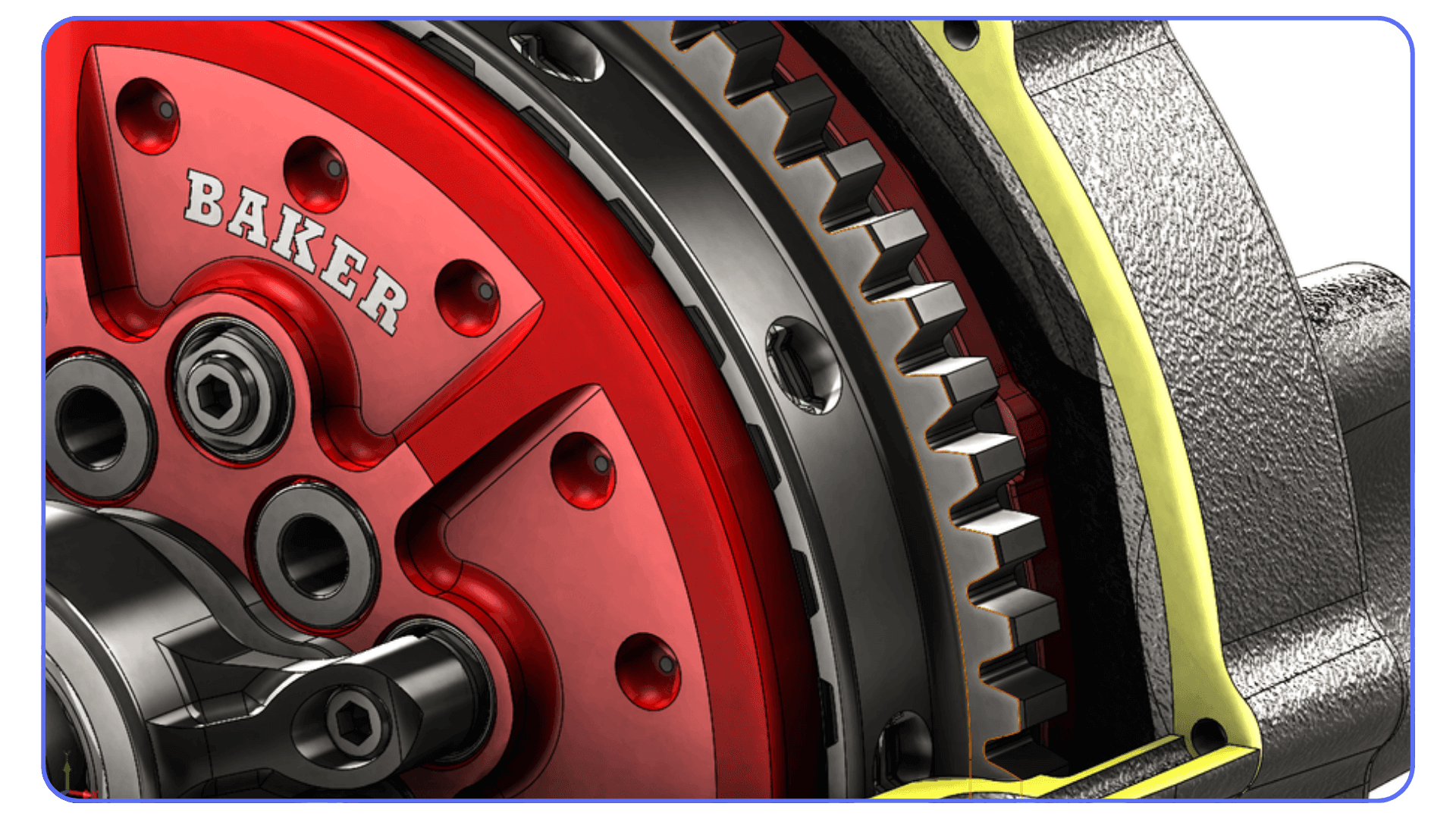 Close-up SolidWorks render of a detailed red and silver mechanical gear assembly with engraved BAKER logo.