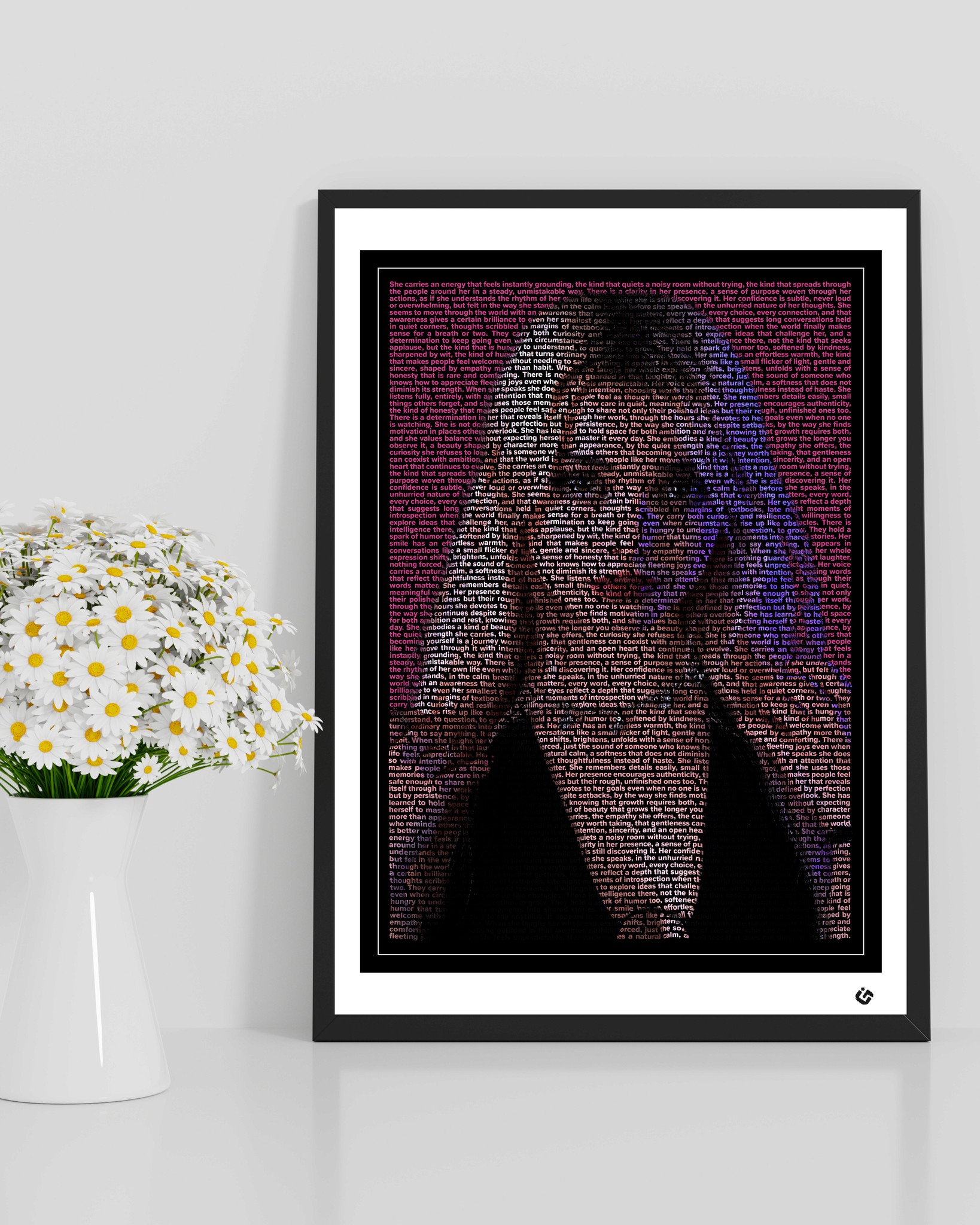 Custom text portrait of a woman smiling softly, her face and features formed entirely from meaningful words, framed with a thin white line, black border, and white mat designed by U-Go Experience
