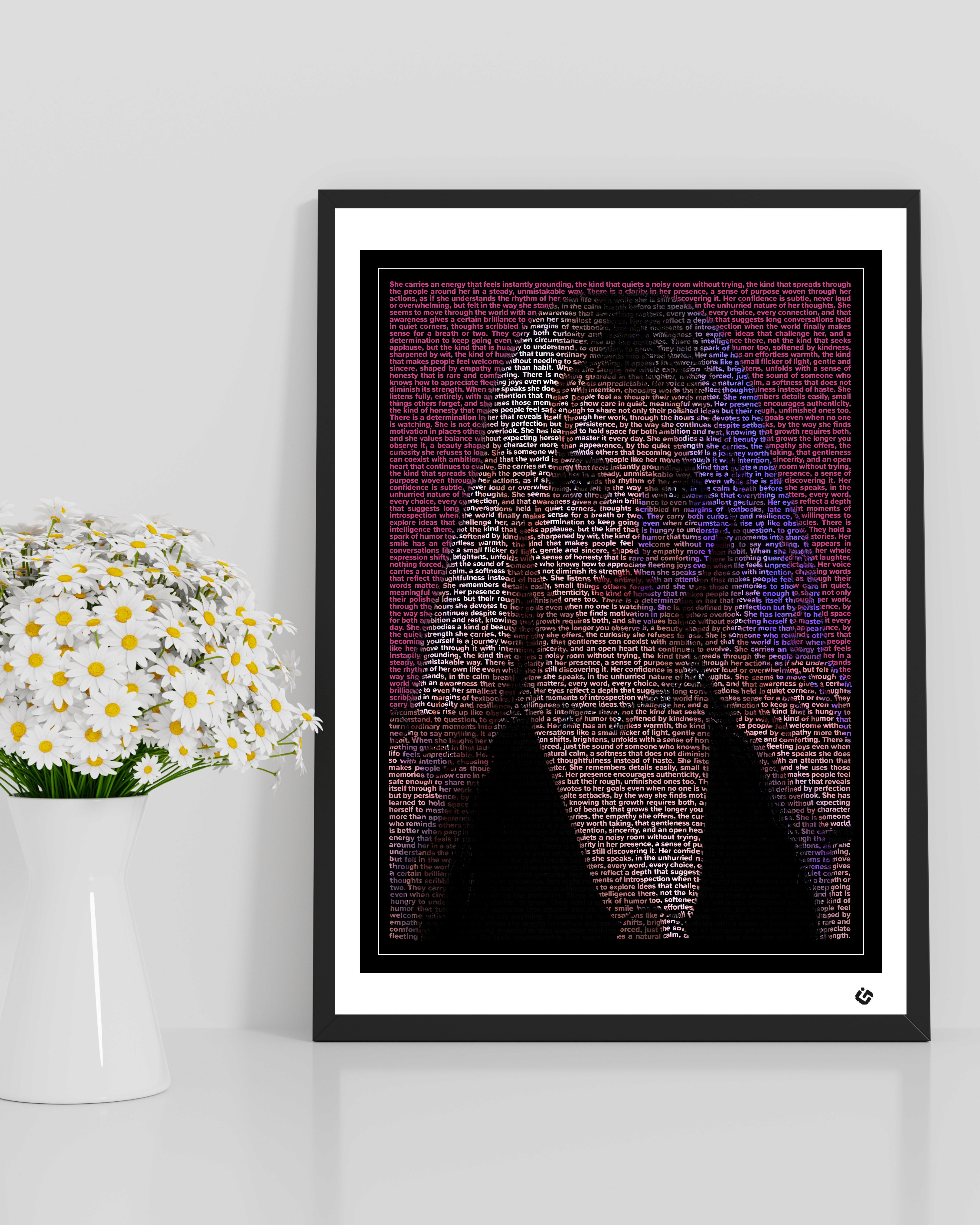 Custom text portrait of a woman smiling softly, her face and features formed entirely from meaningful words, framed with a thin white line, black border, and white mat designed by U-Go Experience