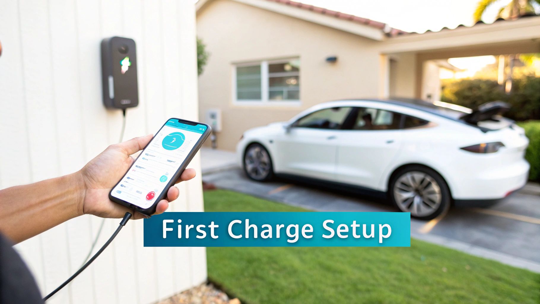 a man holding a phone with a electric vehicle in the blurred background