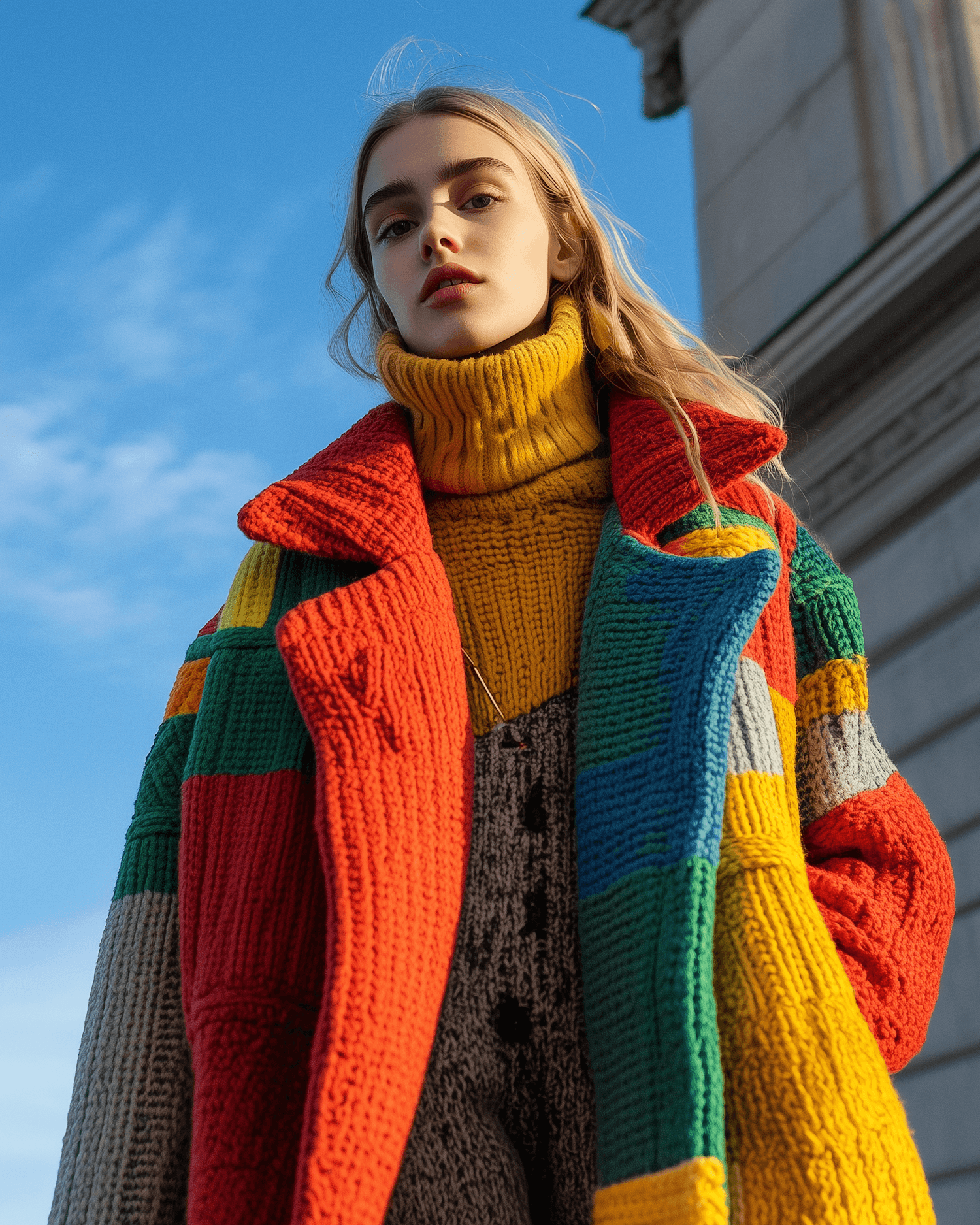 Woman wearing colorful block-pattern knitted coat and yellow turtleneck.