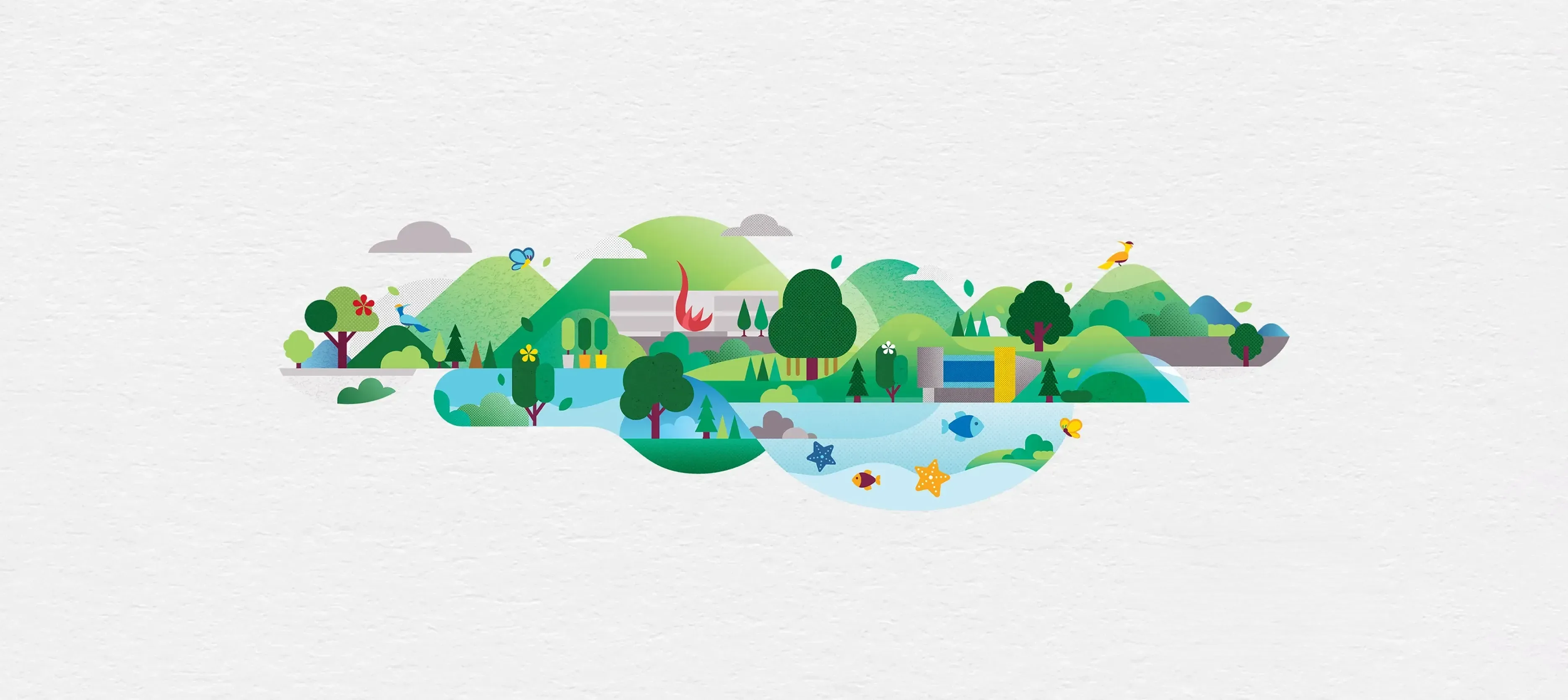 HKUSTours campaign key visual – vibrant geometric illustration of Clear Water Bay campus natural heritage with green-blue tones, trees, buildings, and marine life by Teatime Studio.