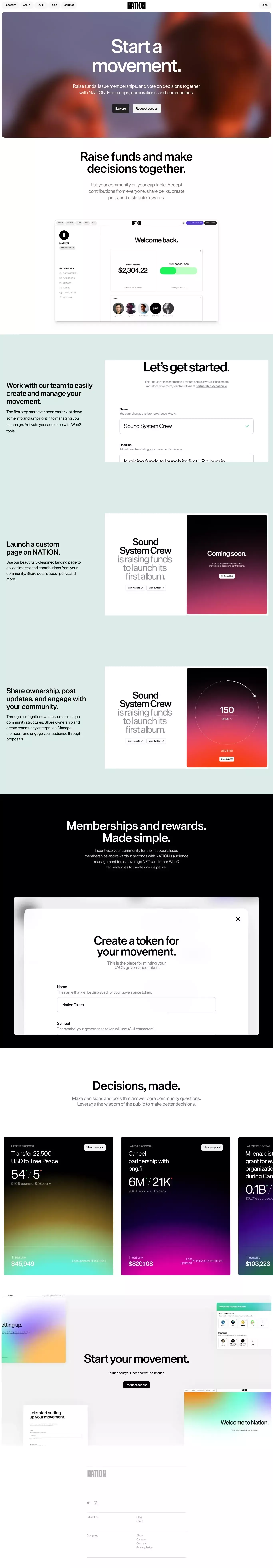 Start a movement with NATION landing page screenshot showcasing Tech and Finance design