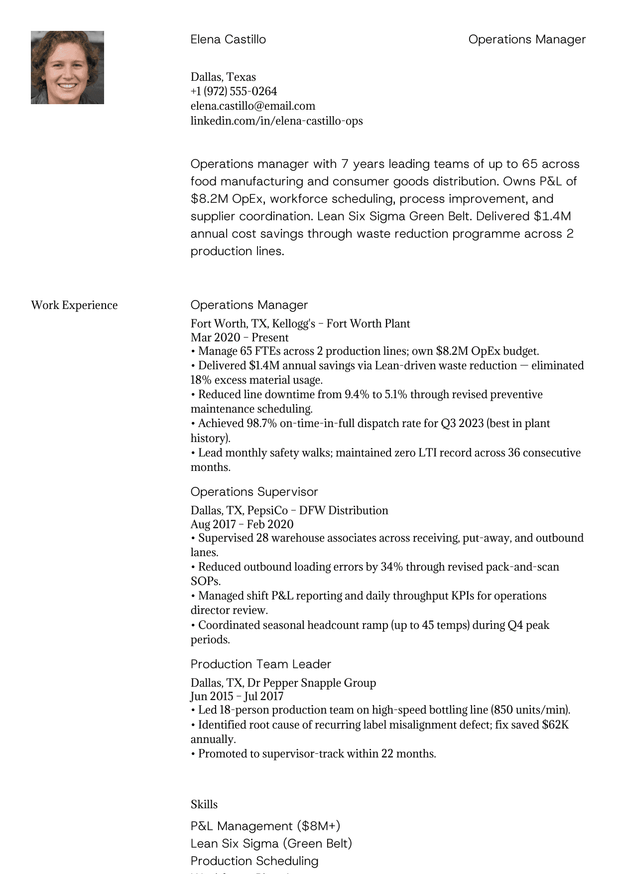 Mid-level operations manager resume example