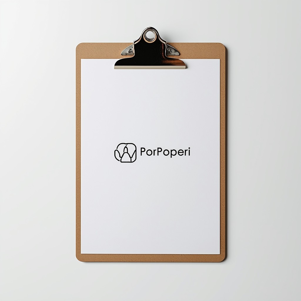 Top view of clipboard with logo print and smooth finish, clean composition, soft lighting