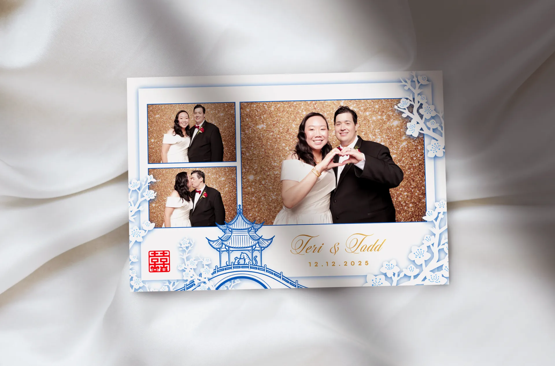 Tri-Fold wedding brochure featuring decorative, laser cut side panels and center invitation card with chinese-porcelain-inspired illustration