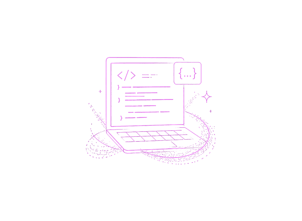 Glowing laptop with code symbols representing development and technical support.