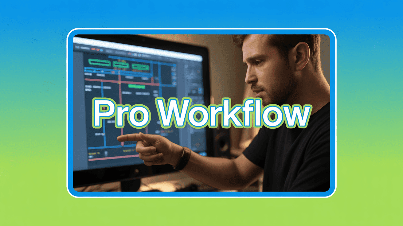 Producer Workflow Setup Thumbnail, featuring a focused music producer gesturing at a DAW macro workflow diagram on a large screen
