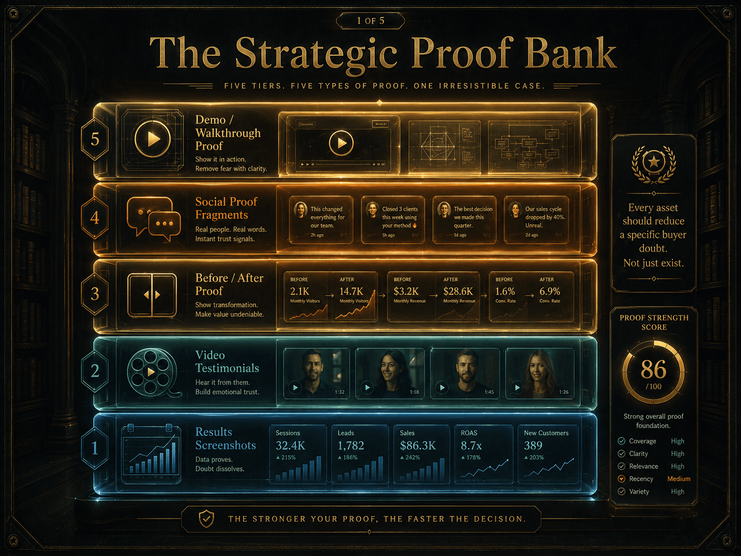 “The Strategic Proof Bank” Concept: A minimalist, elegant vault or library floating in darkness. The vault is organized into 5 distinct tiers, each glowing with a different level of warmth:  Tier 1 (Bottom — Results Screenshots): Visible calendar spikes, dashboard metrics — Cool blue/teal glow  Tier 2 (Video Testimonials): Film reel / play button icon — Soft teal  Tier 3 (Before/After Proof): Split-screen comparison icon — Warm amber  Tier 4 (Social Proof Fragments): Speech bubbles / DM icons — Deep orange  Tier 5 (Top — Demo/Walkthrough Proof): Play button with blueprint — Glowing bright gold  Each tier contains representative proof assets floating inside translucent glass containers. A label on the side: “Every asset should reduce a specific buyer doubt. Not just exist.”  Style: Architectural vault meets luxury UI. Dark charcoal background, glass-morphism, gradient from cool blue to bright gold. The vault feels secure, organized, intentional.  Interaction: Hovering any tier expands a detailed explanation of that proof category, including what to collect and strength criteria. Clicking the tier opens a mini-gallery of strong examples from that category. A “Proof Strength Score” indicator shows the overall health of the bank.