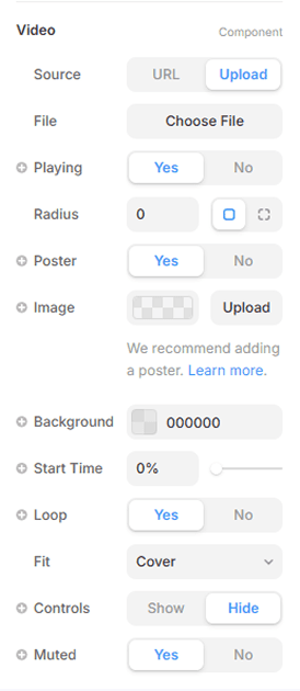 Paramètres du composant vidéo Framer pour gérer lecture automatique, loop et mute