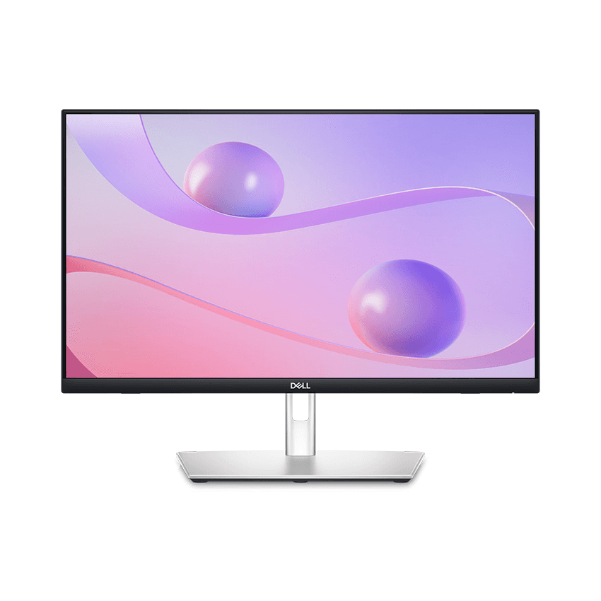 Dell computer monitor displaying a modern abstract wallpaper with pink and purple spheres on a wavy background.