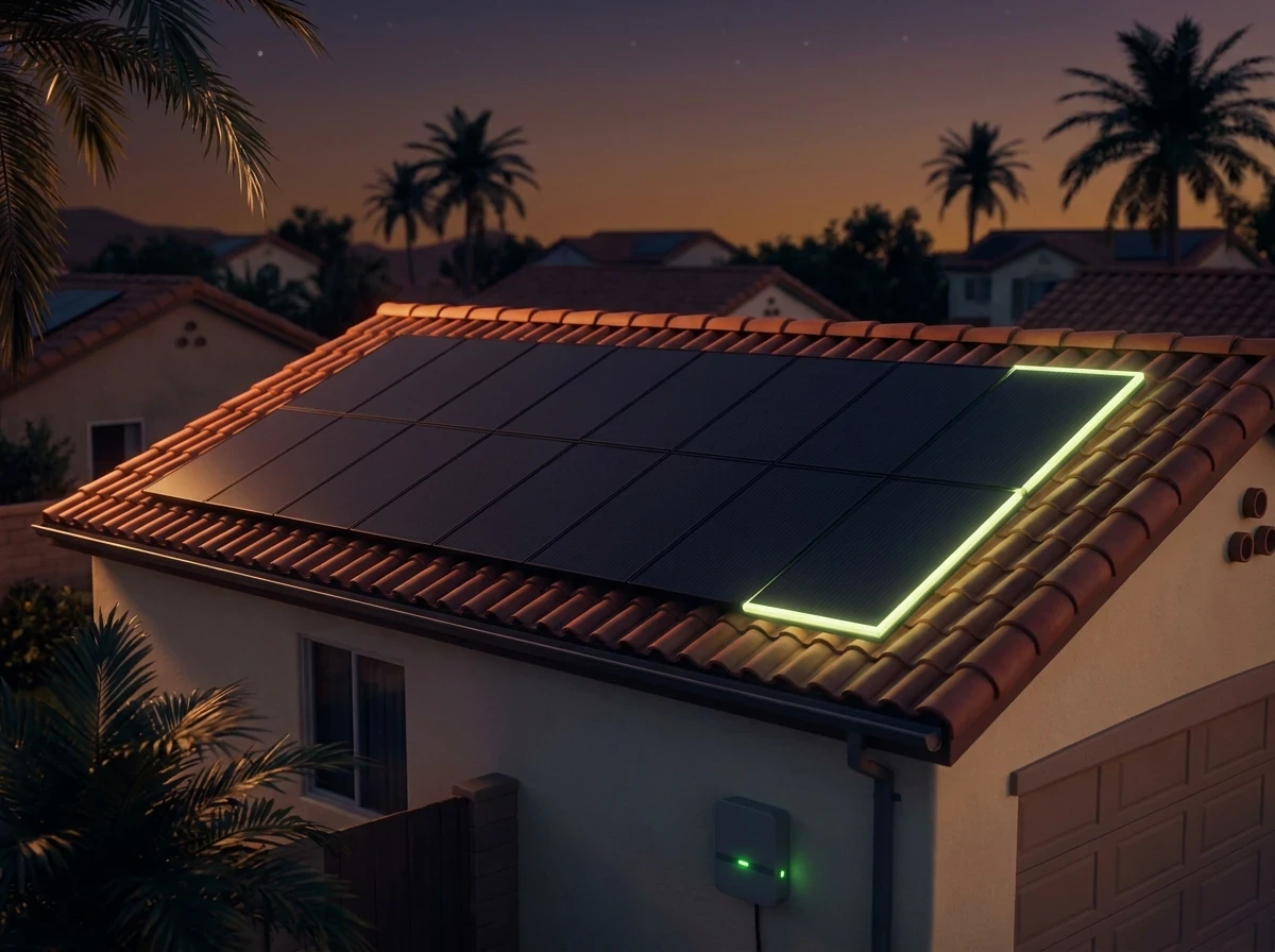 A rooftop solar array in a Southern California neighborhood coming back online at dusk