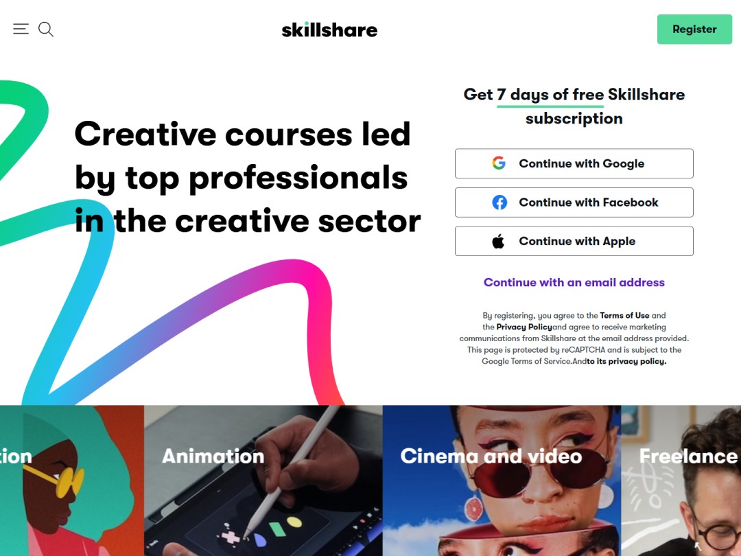 Online creative courses homepage with sign-up options.