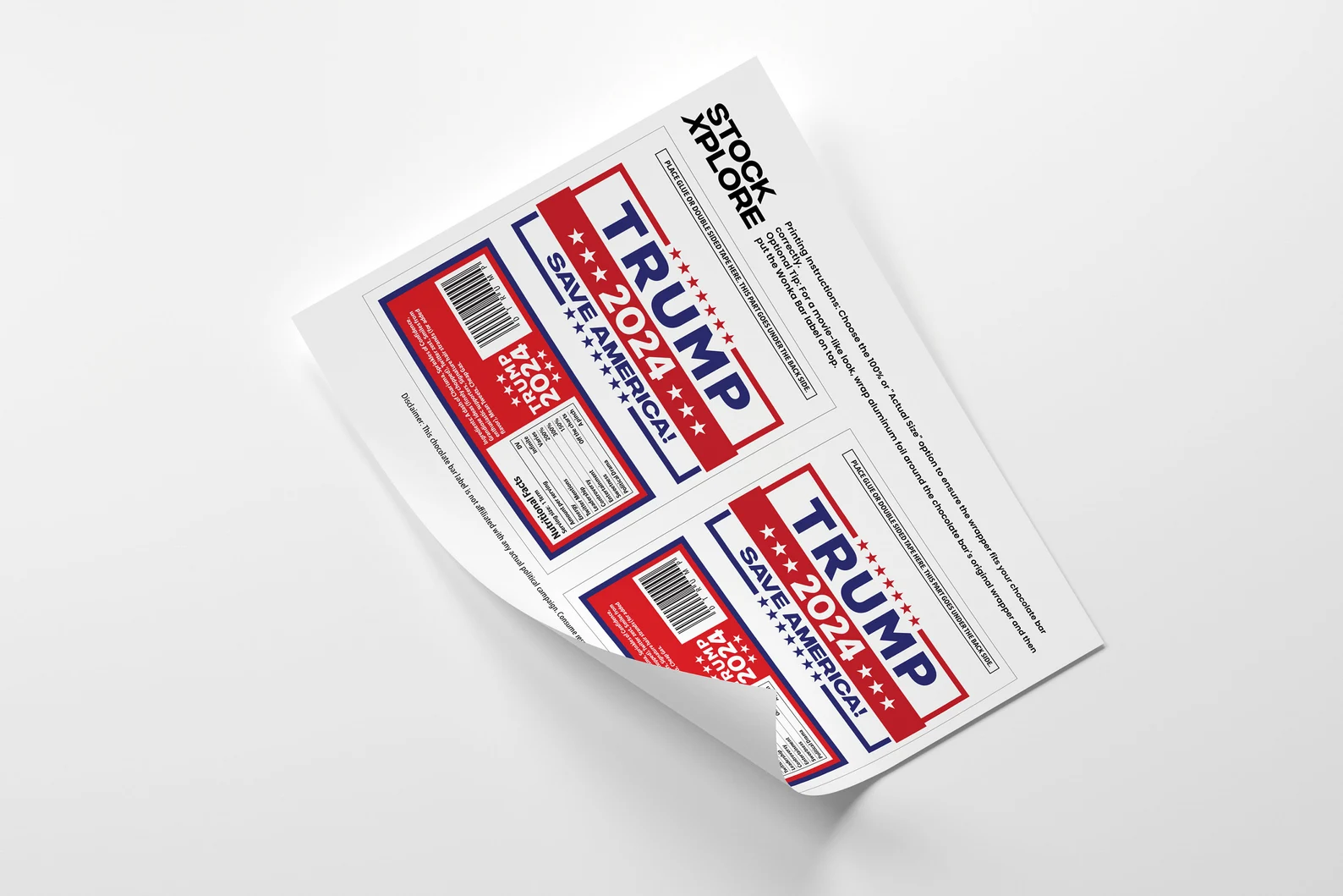 Patriotic Trump 2024 Chocolate Bar Wrapper designed for the 2024 election campaign. Featuring bold red, white, and blue colors with 'Save America' messaging, this printable wrapper fits standard 1.55 oz Hershey bars. Perfect for political rally favors, campaign giveaways, and patriotic party gifts, this wrapper brings humor with witty nutritional facts highlighting energy, controversy, and leadership. Instant download for easy home printing. Support Trump 2024 in style with this unique and customizable wrapper. Ideal for conservative gifts, political events, and Trump supporters.