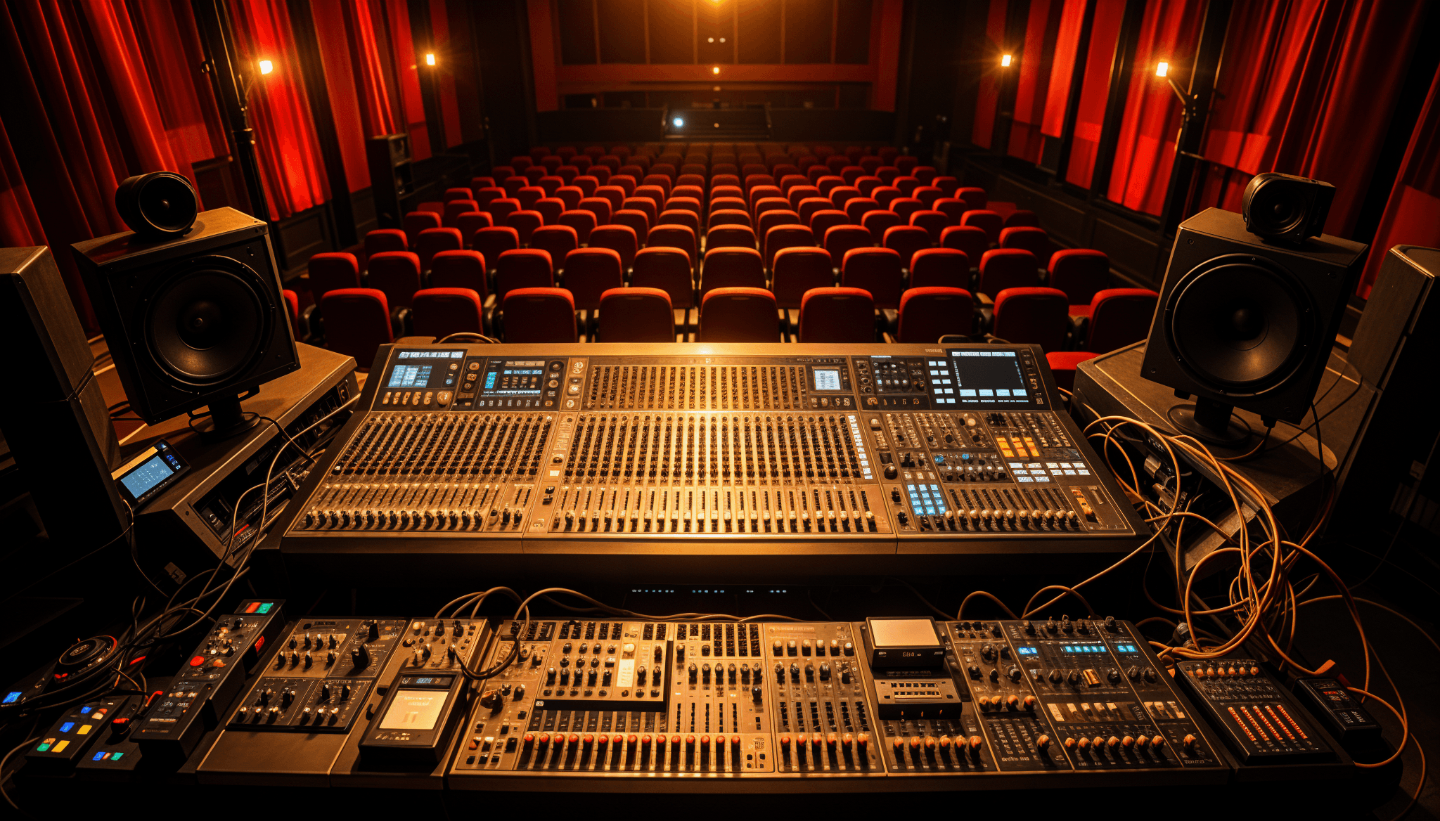 An empty auditorium viewed from a sound mixing console, featuring rows of seats and professional audio equipment.