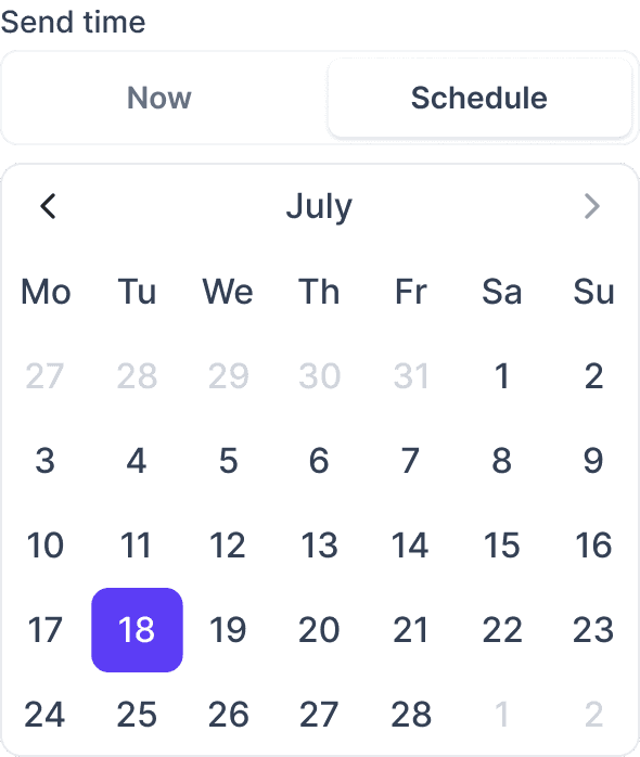 A mobile screen with a calendar for scheduling WhatsApp broadcasts, showing July 25th selected.