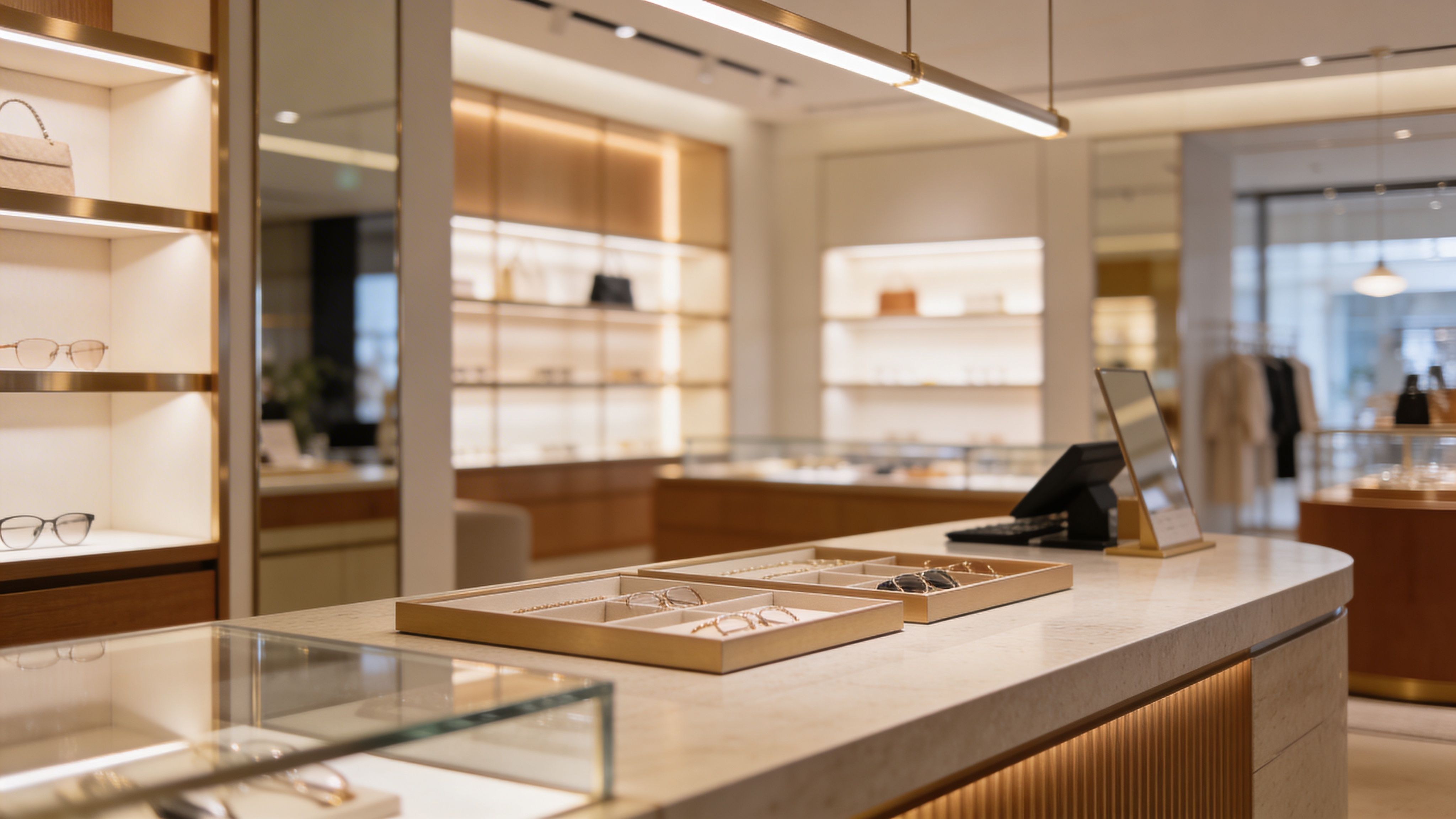 Close-up retail counter with eyewear displays, showcasing premium shopping experience and product detailing