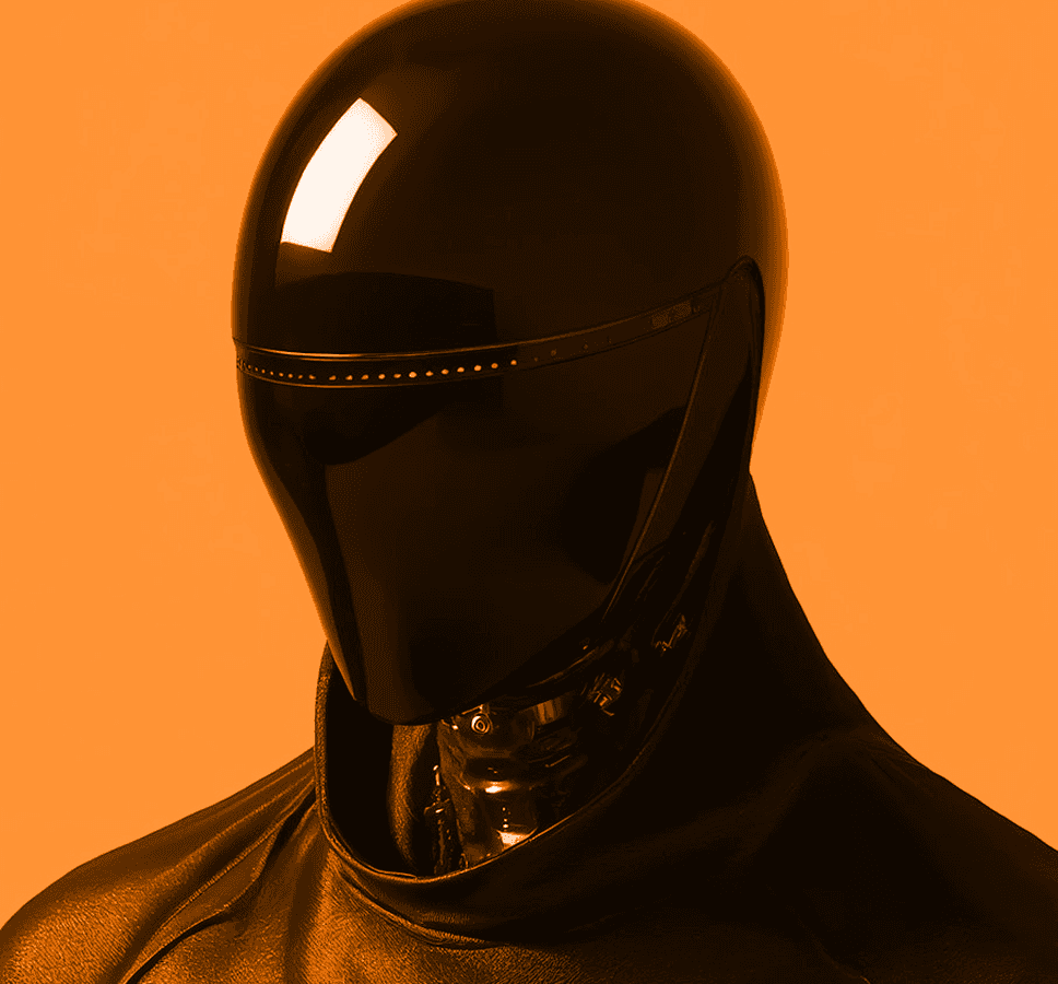 A black and orange robot with a sleek black helmet stands in a neutral pose against a plain background.