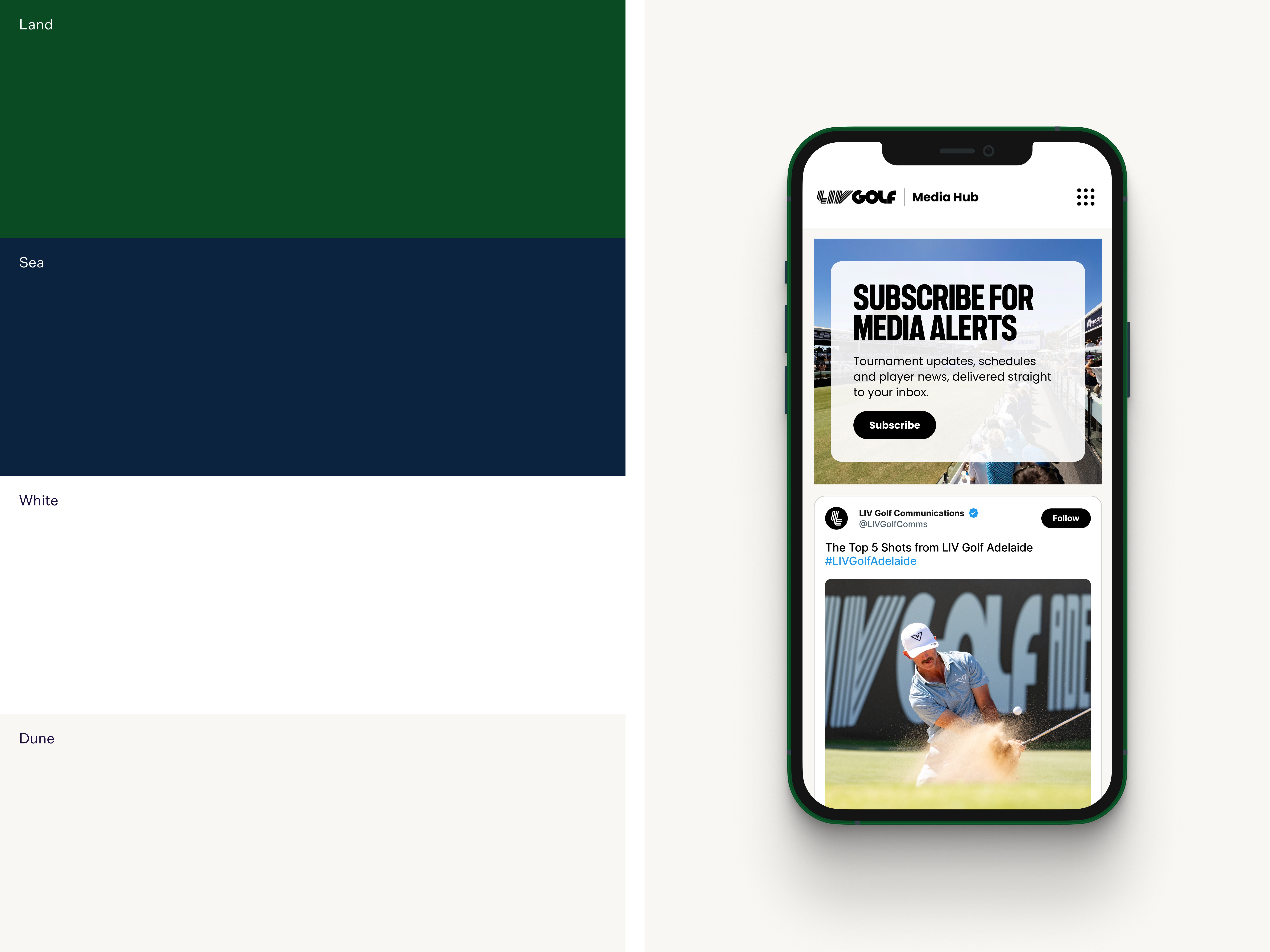 LIV Golf Media Hub design system and responsive components maintaining consistency across desktop and mobile experiences.