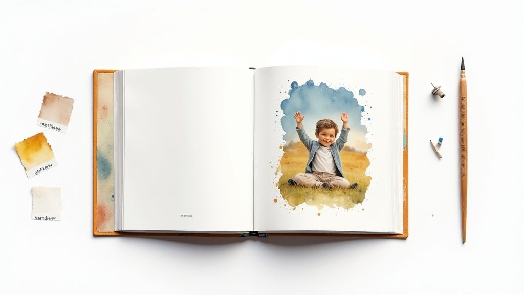 Open book displays a watercolor illustration of a joyful child on grass, surrounded by art supplies.