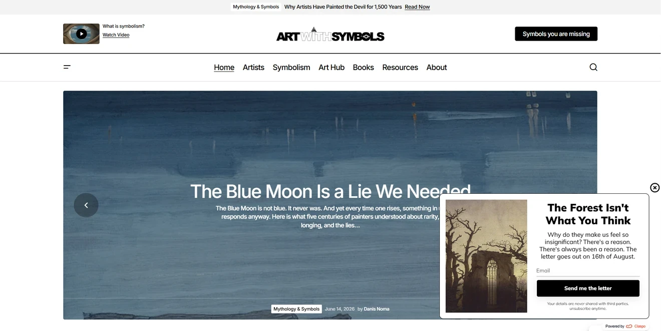 Art with Symbols floating newsletter signup box promoting a letter about forest symbolism