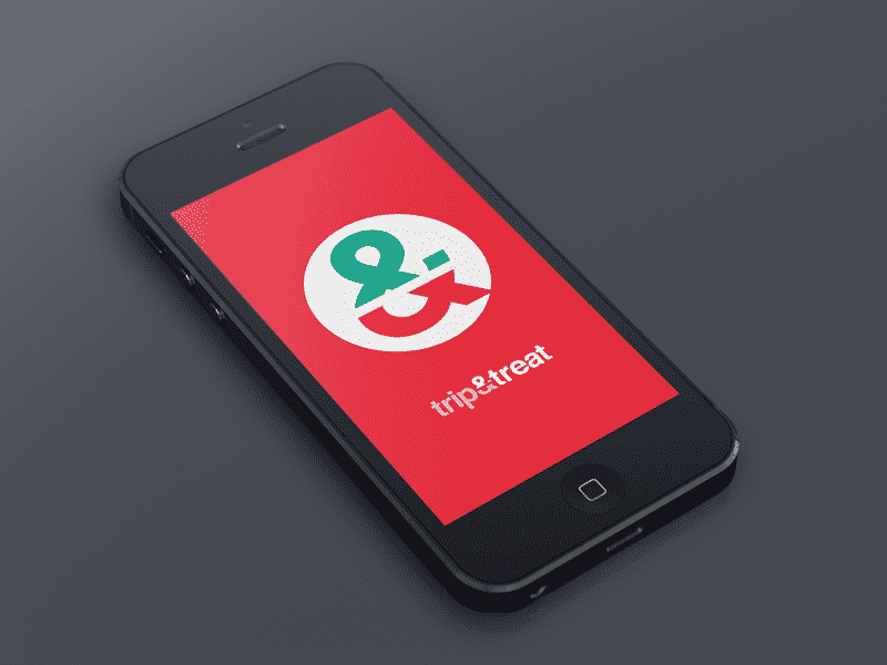 Teléfono inteligente con pantalla mostrando el logotipo de "trip & treat" en fondo rojo.