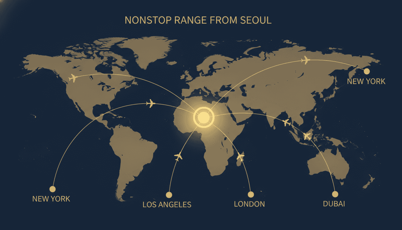 Map of ultra-long-range private jet routes reachable nonstop from Seoul