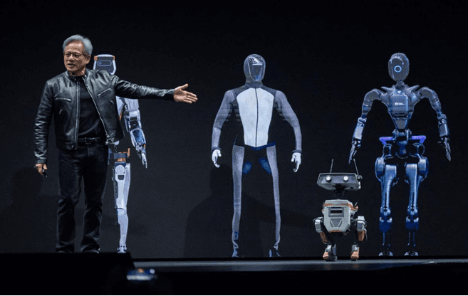 A person standing on a stage with a group of robotsAI-generated content may be incorrect., Picture
