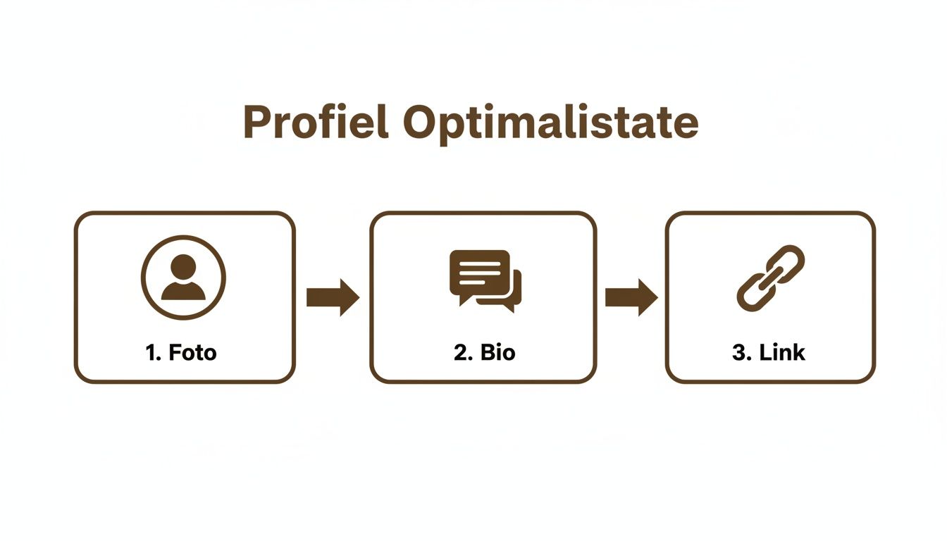 Stroomschema voor het optimaliseren van een profiel met stappen: foto, bio en link.