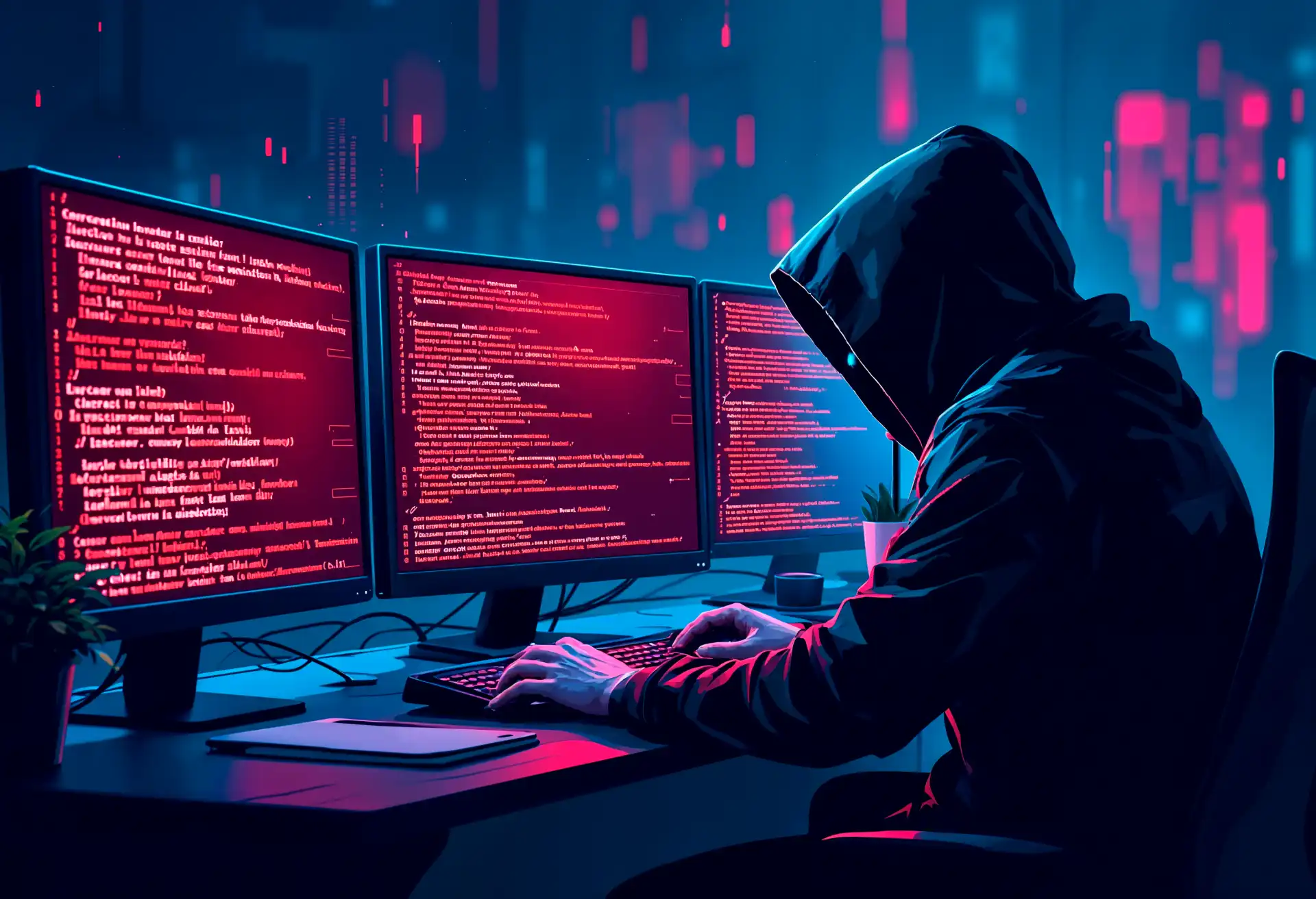 A cybercriminal operating sophisticated generative AI software on multiple screens to create fake listings for TikTok Shop fraud.