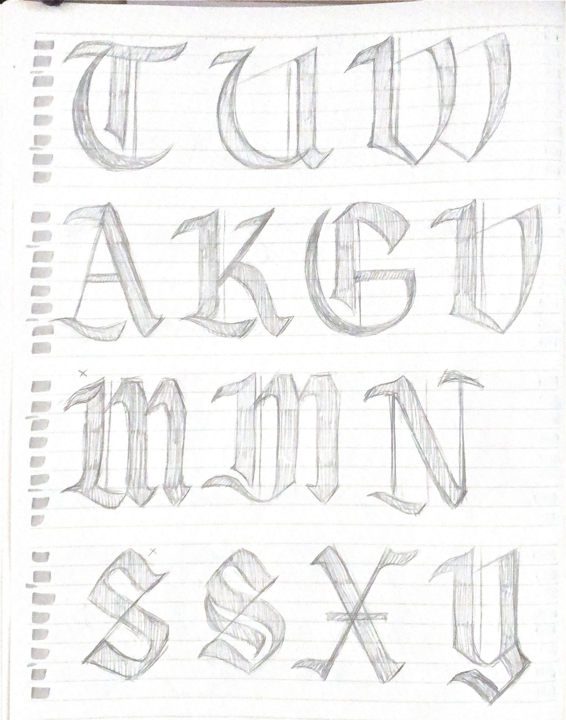 Rough sketches of uppercase blackletter letters