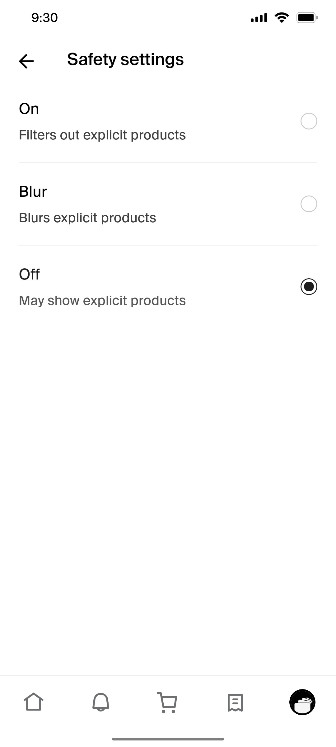 Shop App Safety Setting Screen
