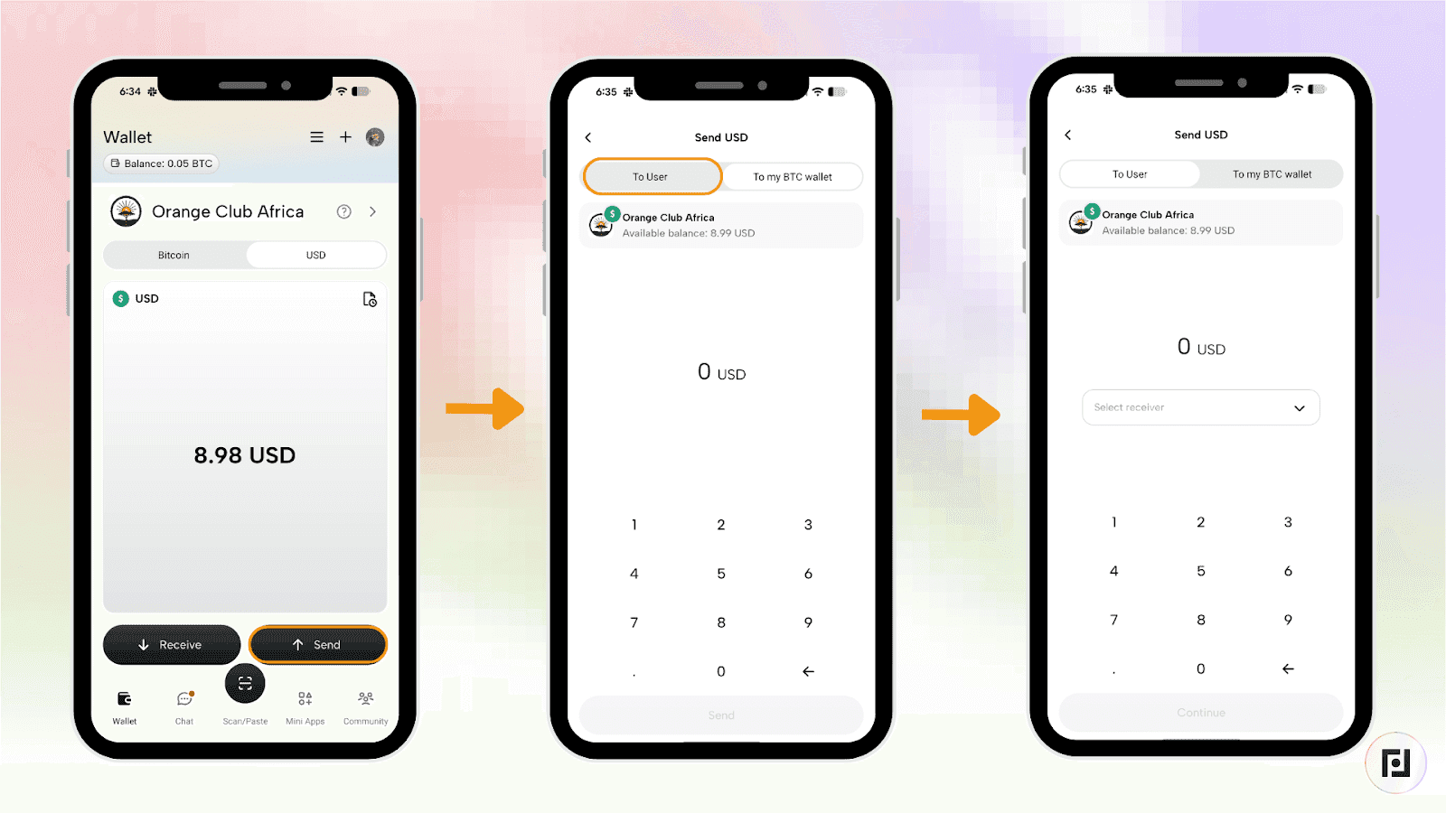 Fedi Stable Balance wallet screen showing USD option selected – Step 2 for user-to-user transfer