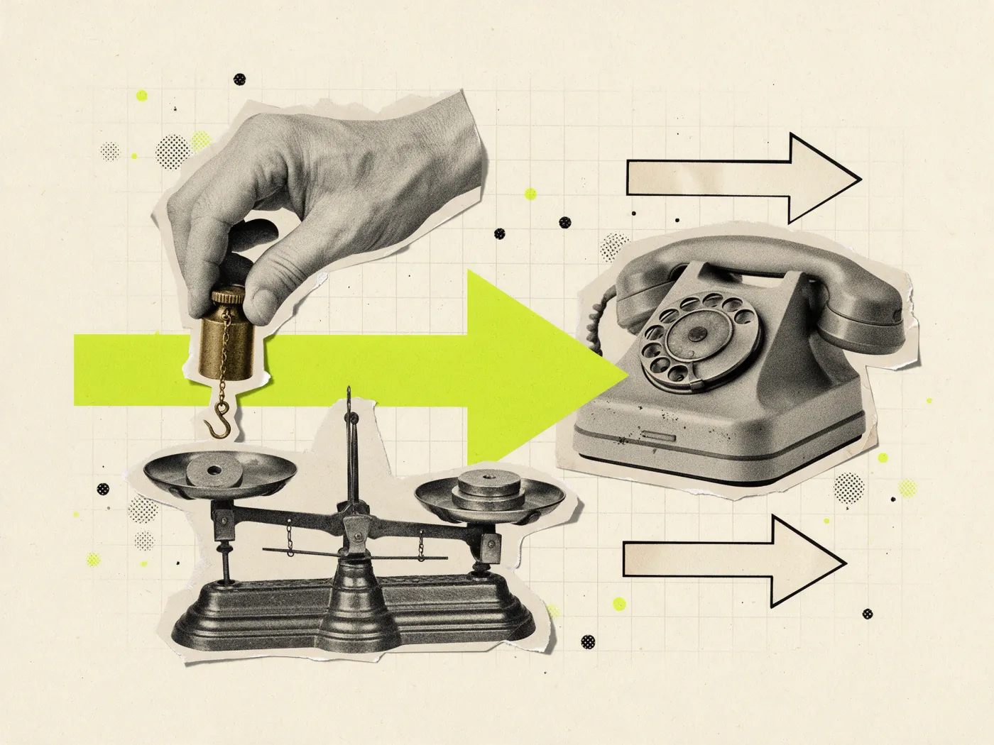 Colagem vintage: mão retirando um peso de uma balança antiga ao lado de um telefone de disco, os limites do Pix