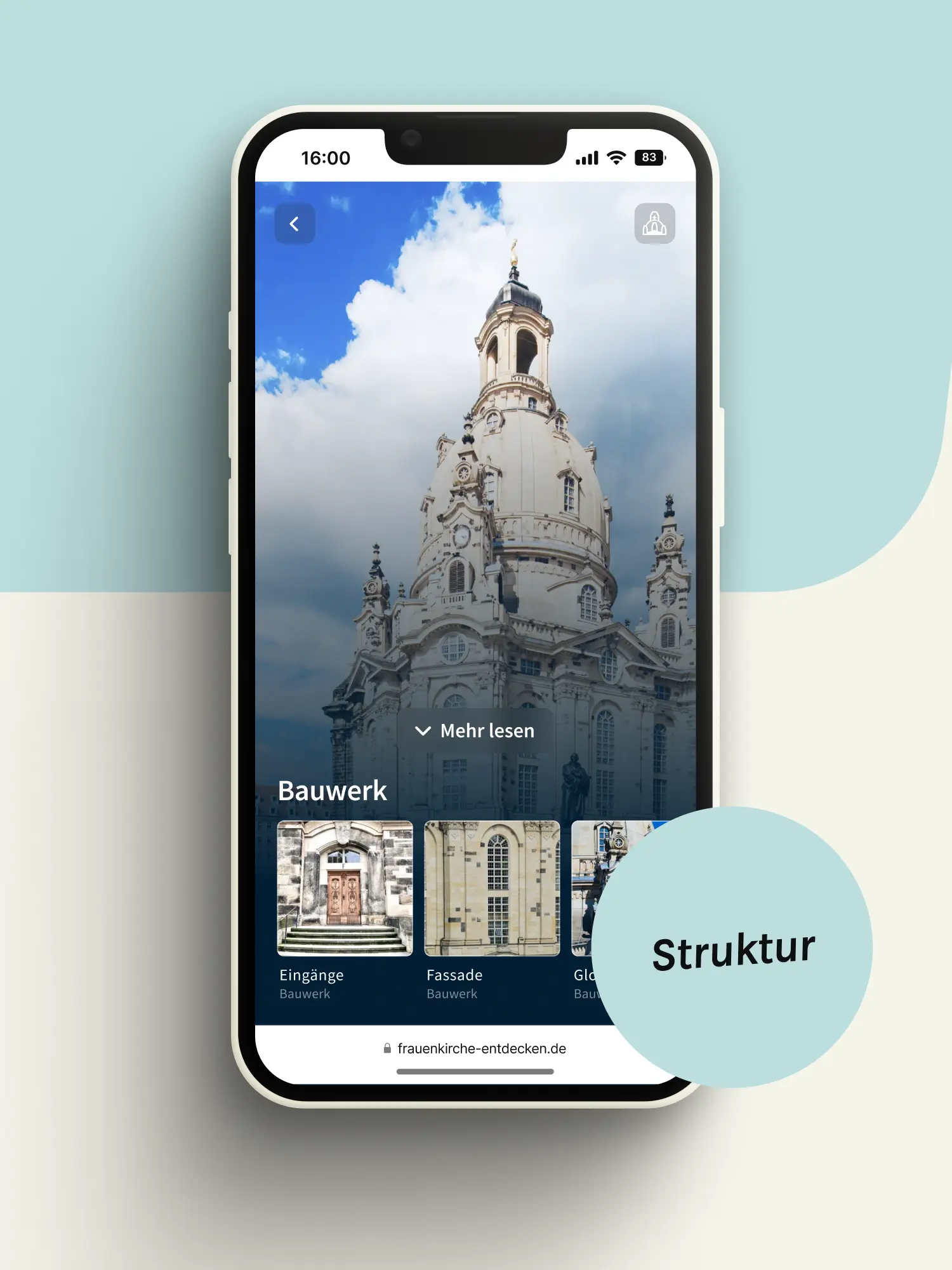Smartphone mit Frauenkirche-Foto, Bereich Bauwerk und Label „Struktur“