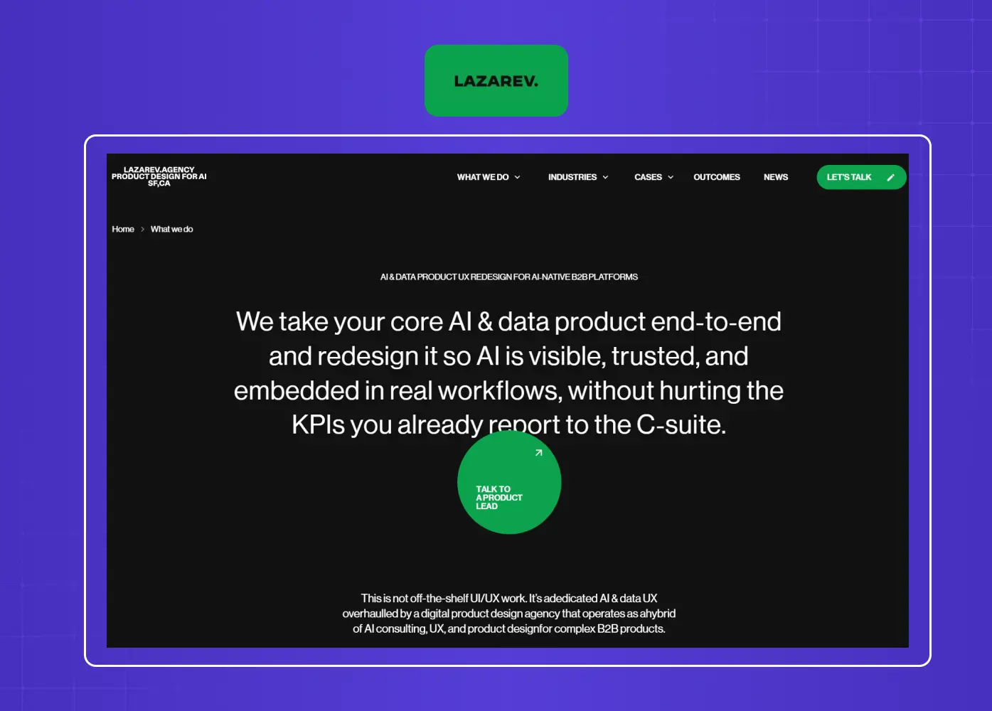 AI and data product design agency homepage focused on enterprise AI adoption and workflow transformation. 