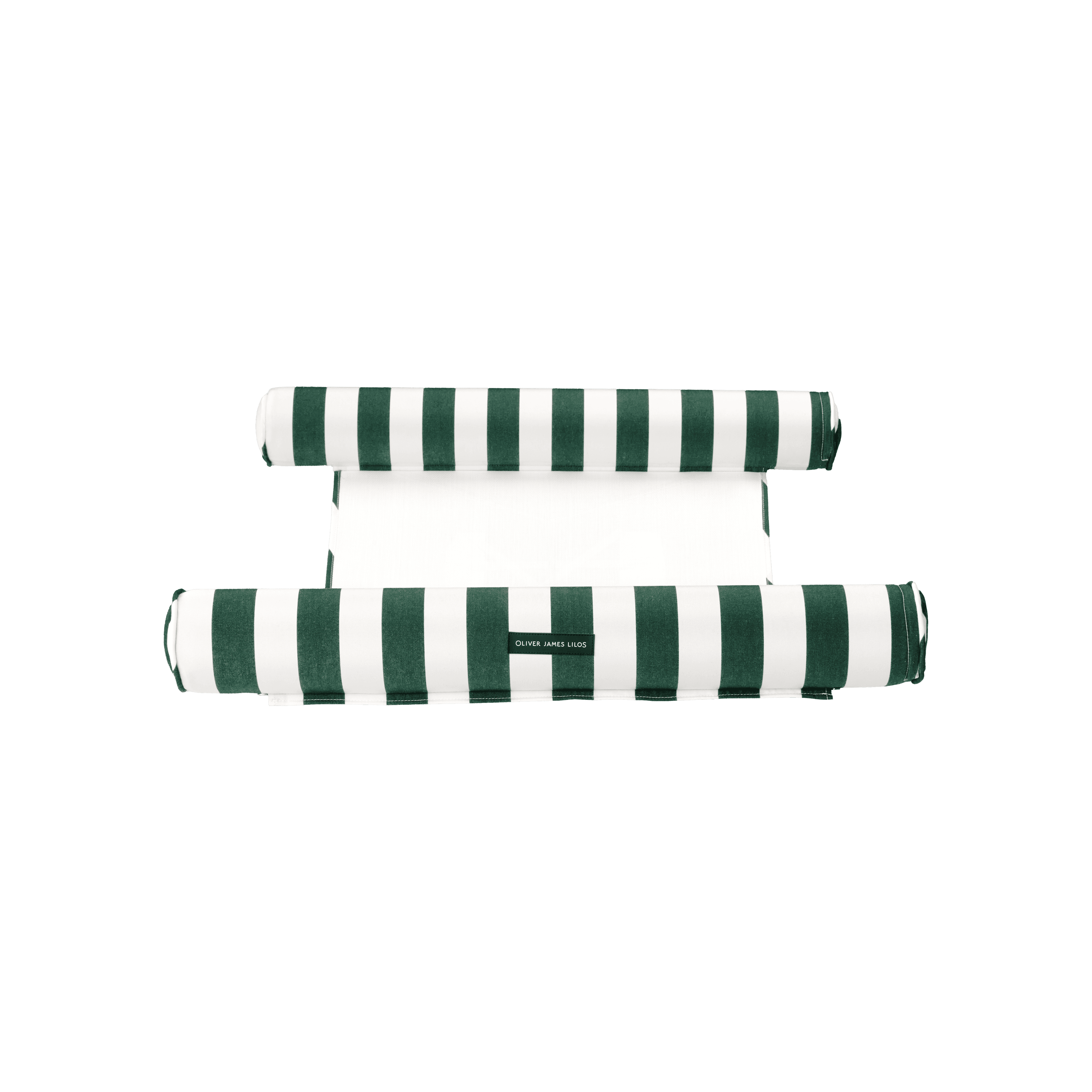 Hammock pool float showing green-and-white striped canvas, rolled shape, and white base