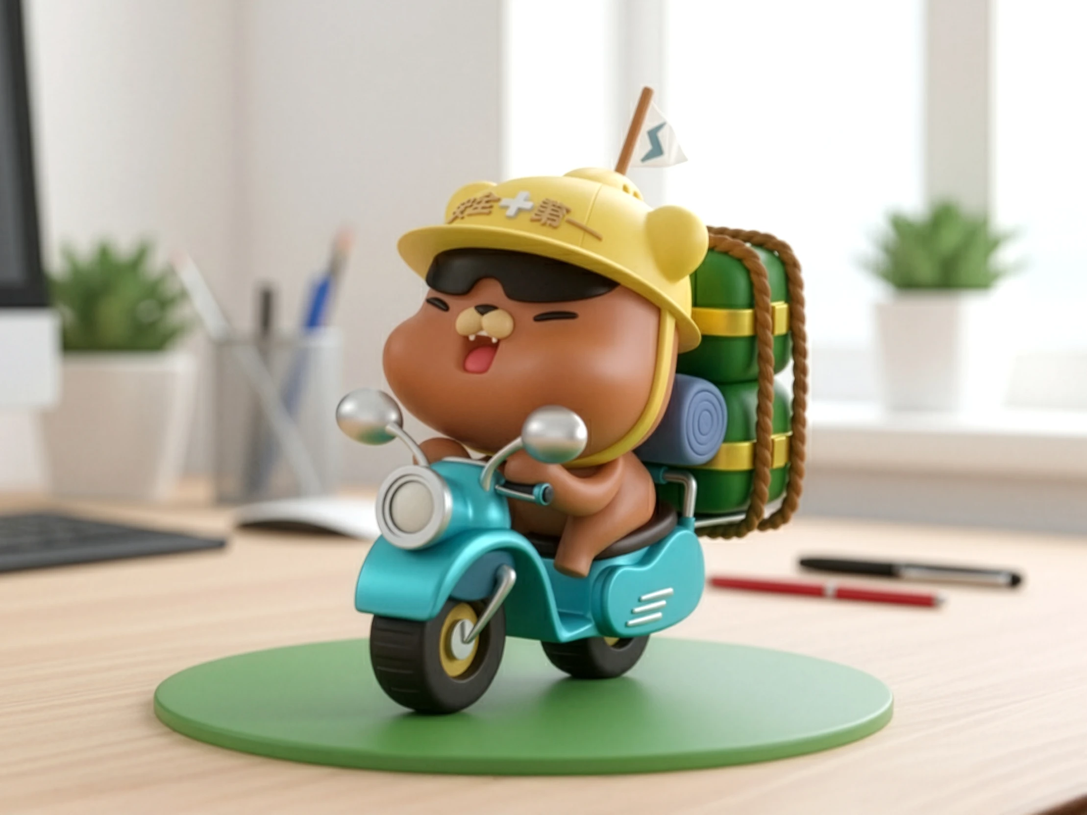 可愛角色騎乘摩托車的3D模型設計，呈現細緻場景與渲染效果。