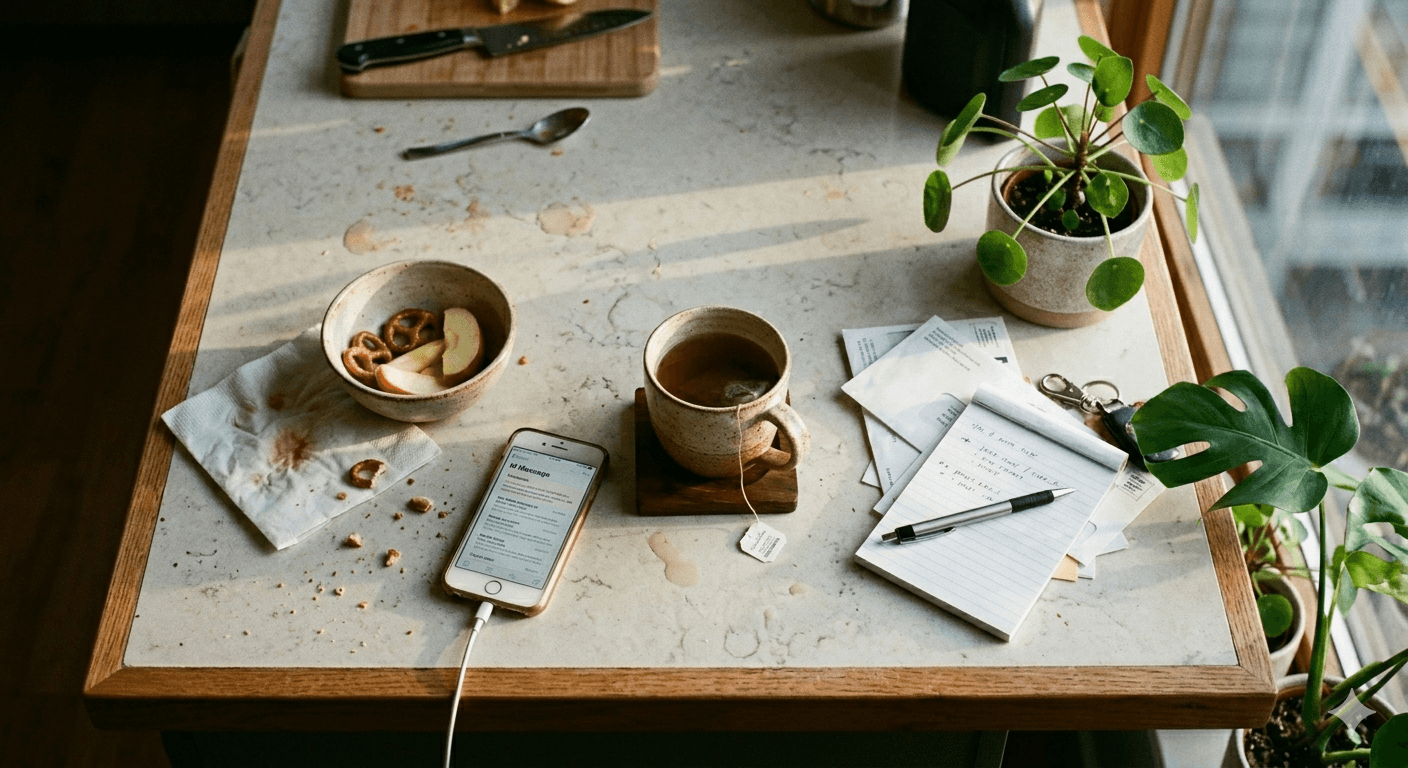 Distracted kitchen counter scene — representing how ADHD affects eating patterns and food habits