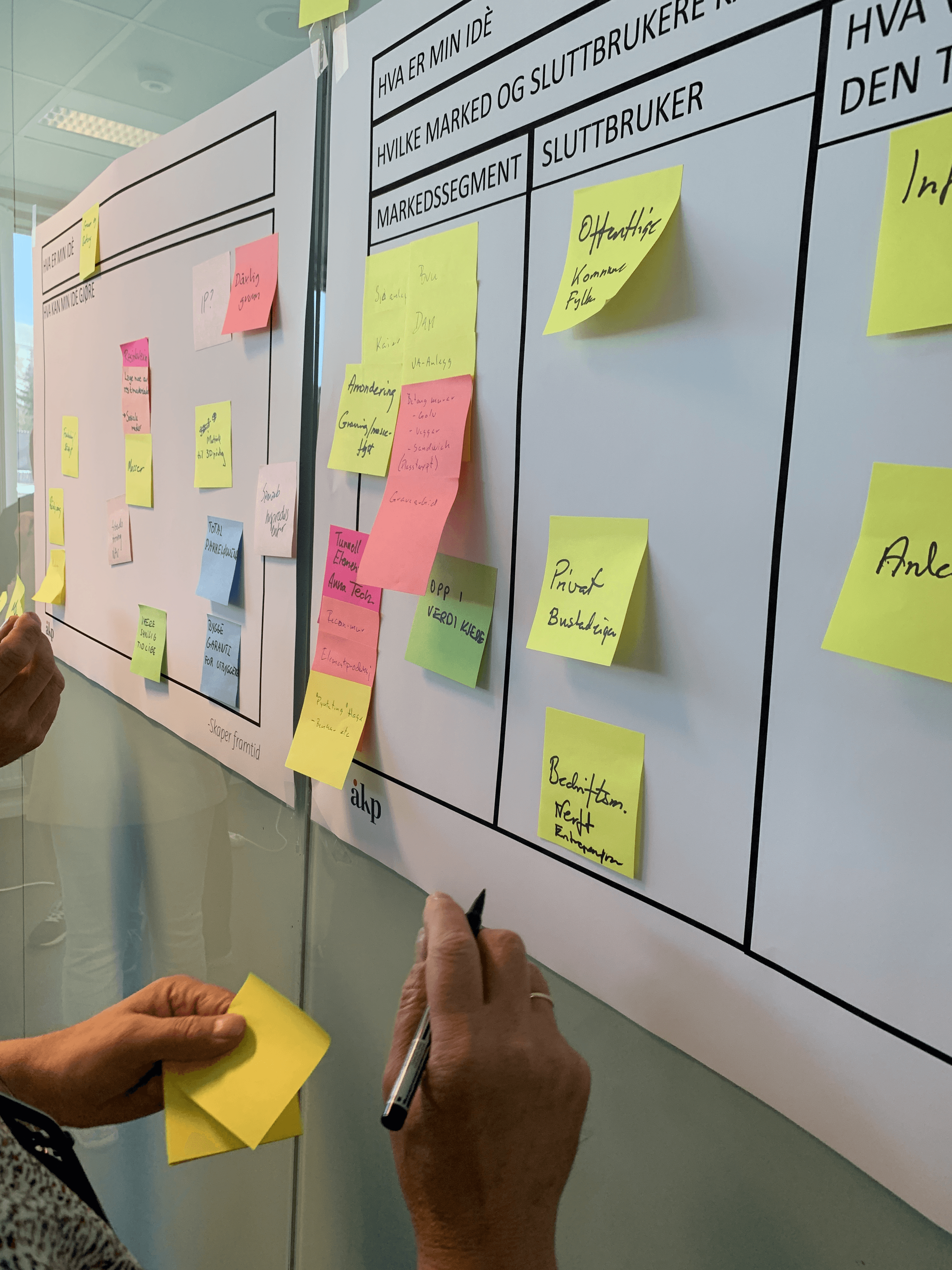 A close-up of hands placing colorful sticky notes on a large board, with various sections labeled for organization.
