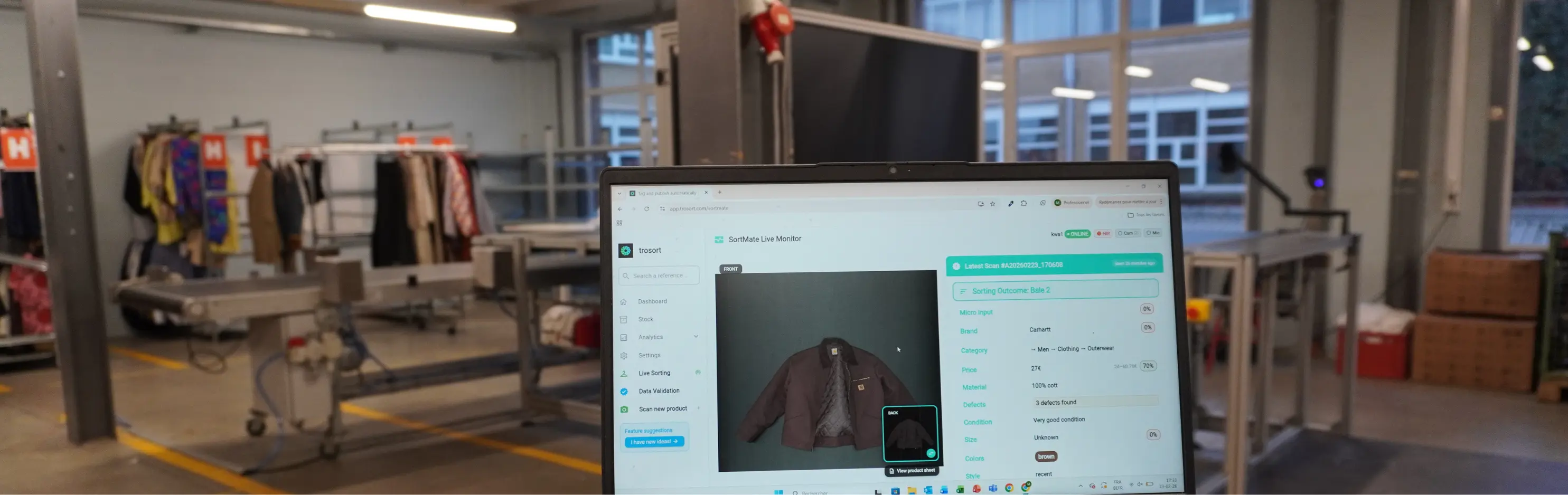 Digital workflow automation in Sort Mate: Real-time software dashboard managing complex textile sorting decisions and facility performance tracking.