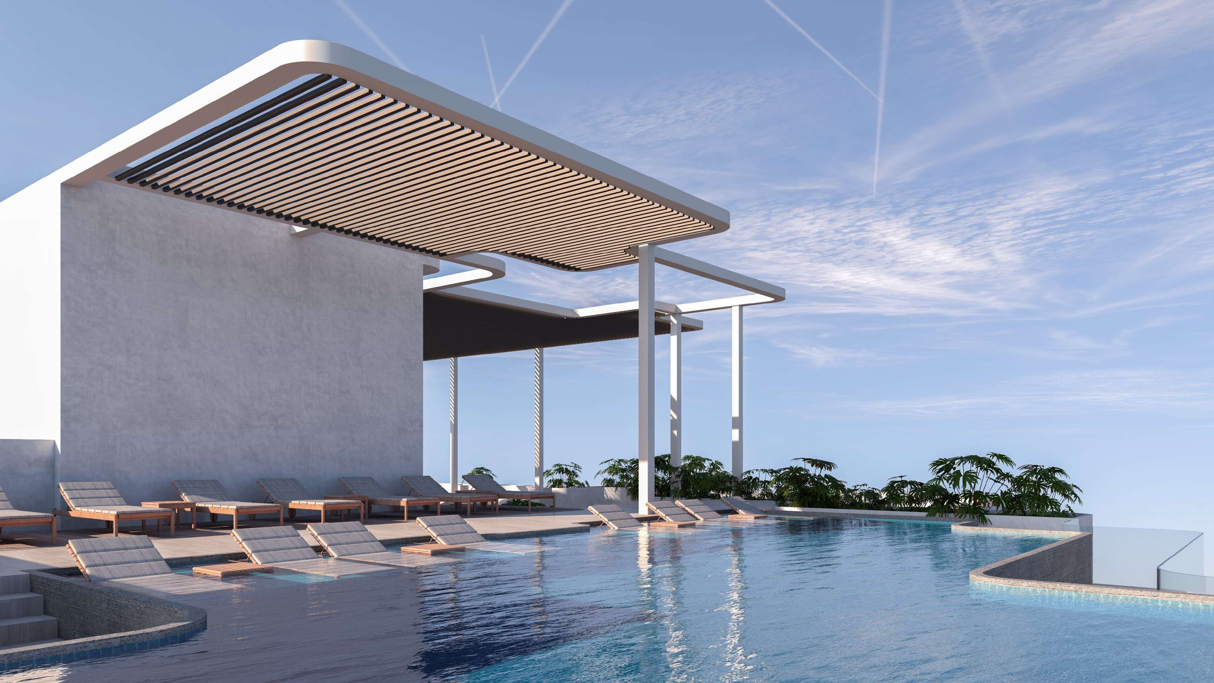 Luxury rooftop infinity pool with shaded loungers at Tetr1s Tower, perfect for high-end living.