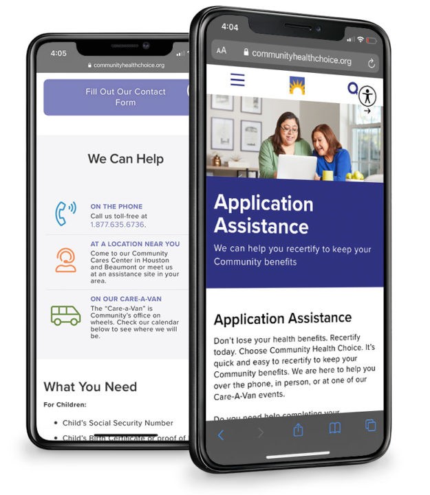 Community Health Choice Application Assistance webpage on a mobile device