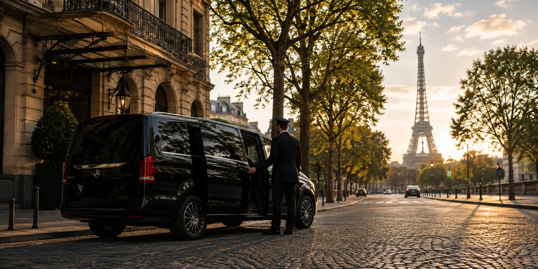 Private chauffeur vehicle outside a Paris landmark