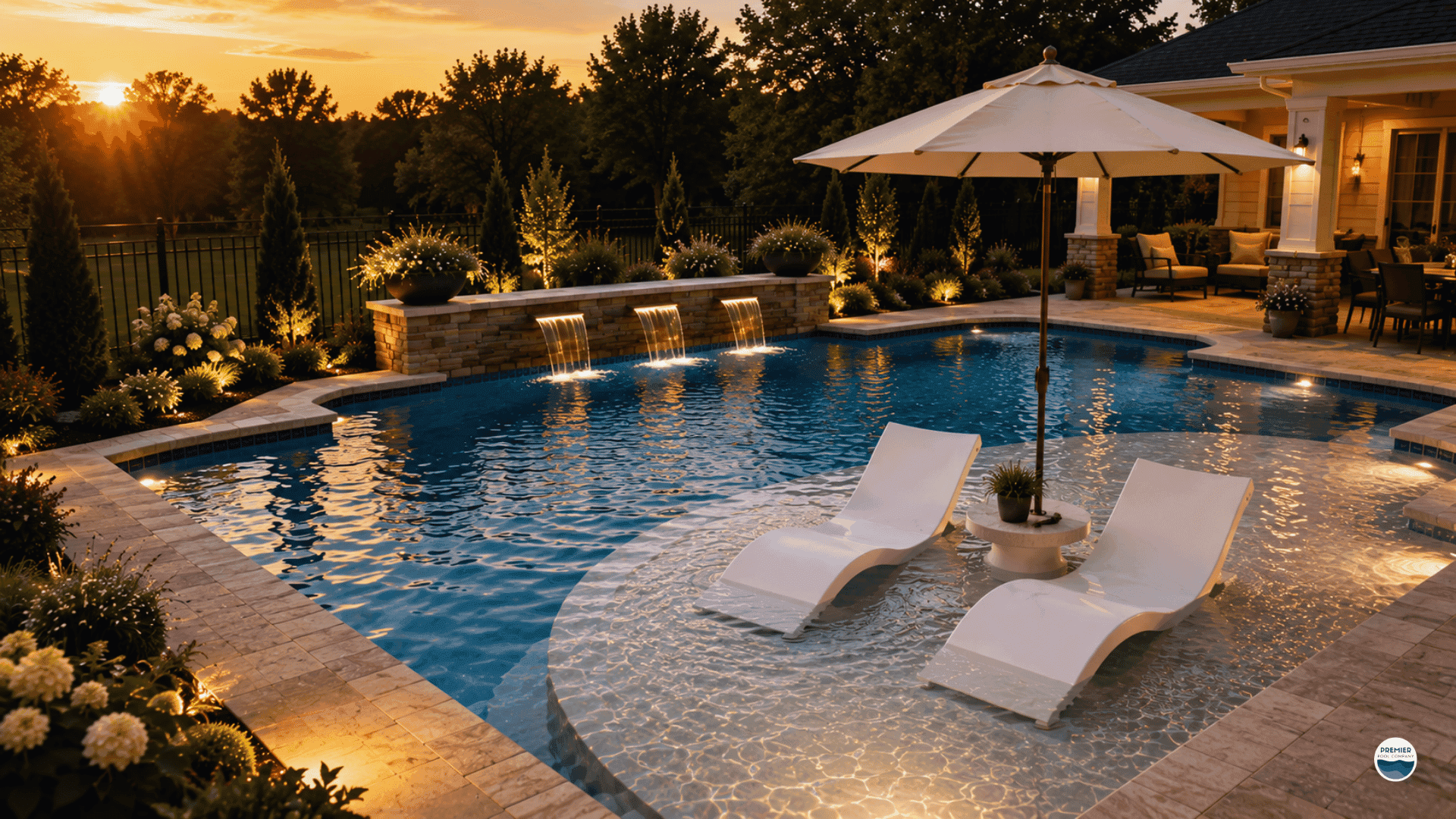 Luxury fiberglass pool with spacious tanning ledge creating a resort-style backyard